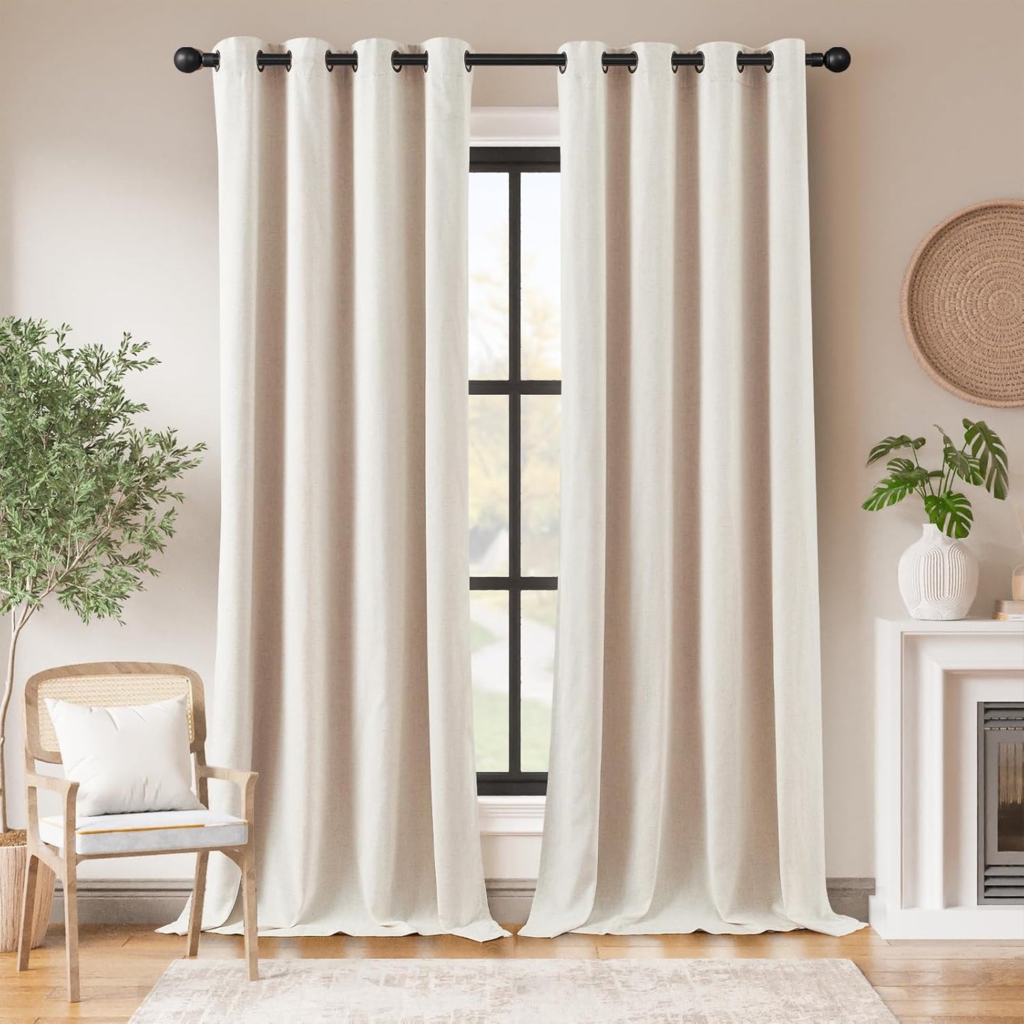 jinchan Linen Blend Semi Sheer Curtains 50W x 84L Inch Beige for Bedroom Curtains Light Weight Soft Window Grommet Drapes 2-Panel Set