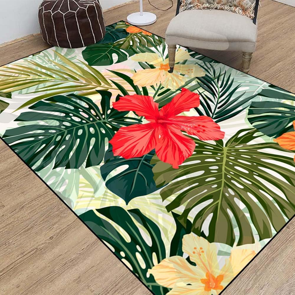 Collect Modern Carpets,Farmhouse Area Rug Summer Colorful Hawaiian Pattern Tropical Plants Hibiscus Flowers Traditional Carpet,Suitable for Living Room,Kitchen,Outdoor,5X7
