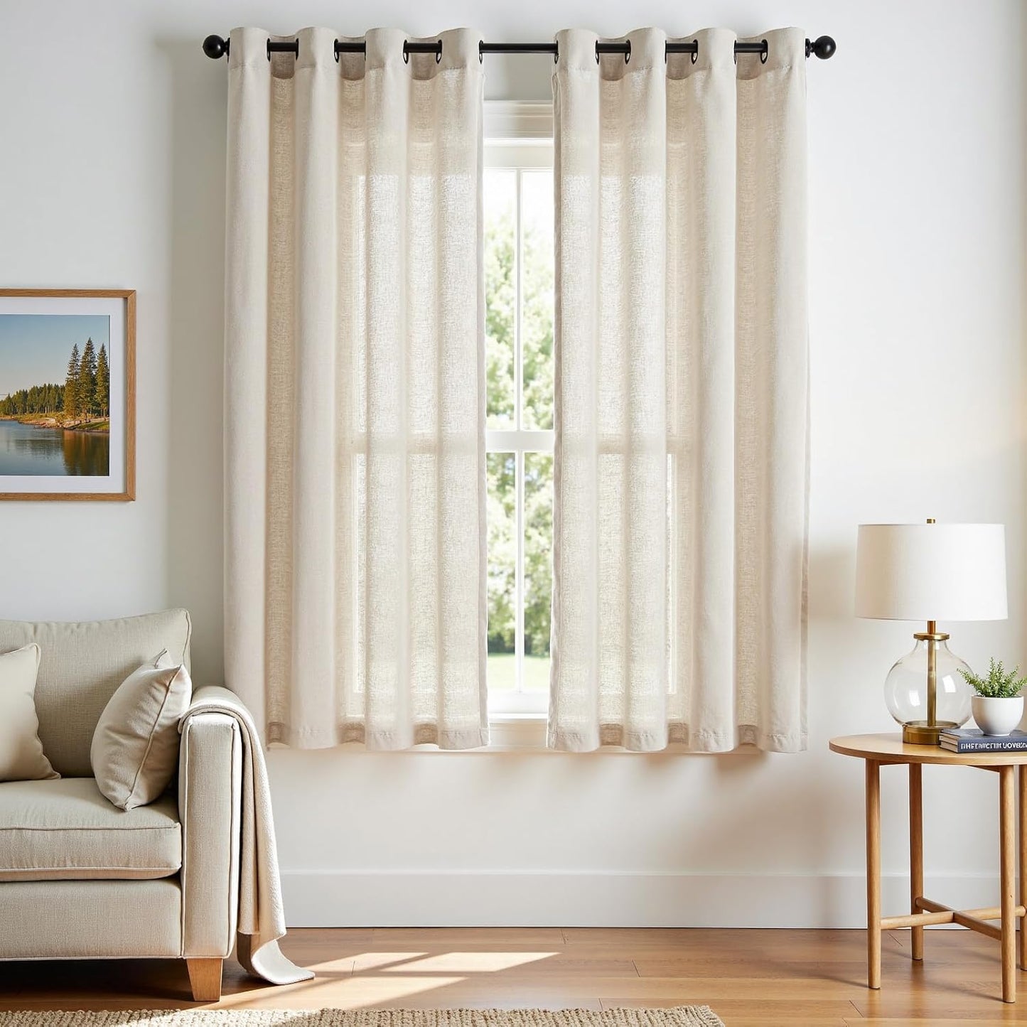 jinchan Linen Blend Semi Sheer Curtains 50W x 84L Inch Beige for Bedroom Curtains Light Weight Soft Window Grommet Drapes 2-Panel Set