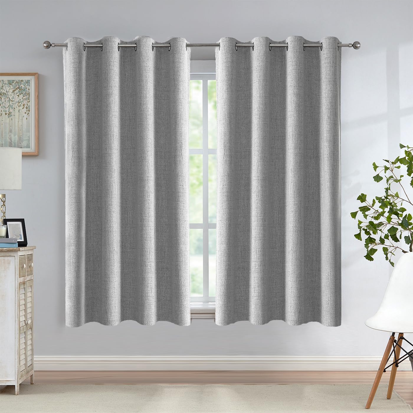 Urban Lotus Grey Linen Textured Full Blackout Curtain Panels 84 Inches Long Solid Color Room Darkening Thermal Inulated Drapes for Living Room/Bedroom Grommet Top Window Treatment, 52" W, 2 Panels