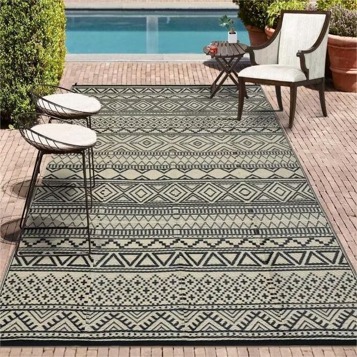GAOMON Outdoor Plastic Straw Rug, 10'x20' Reversible Sage Green Patio Mat, Flower Modern Design for RV, Backyard, Deck, Camping, Picnic, Teal/Yellow(Bohemia)