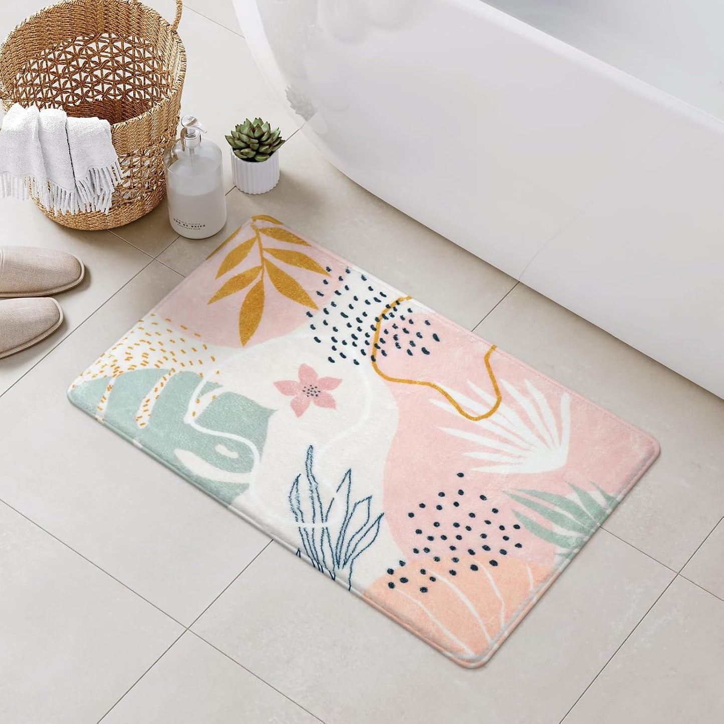 Uphome Sage Green Bathroom Rug Set, Cute Abstract Plant Bath Mat Set, Non Slip Machine Washable Bath Rugs, Soft Velvet Small Bathroom Mat, Mid Centry Aesthetic Botanical Floor Mats for Tub Sink Shower