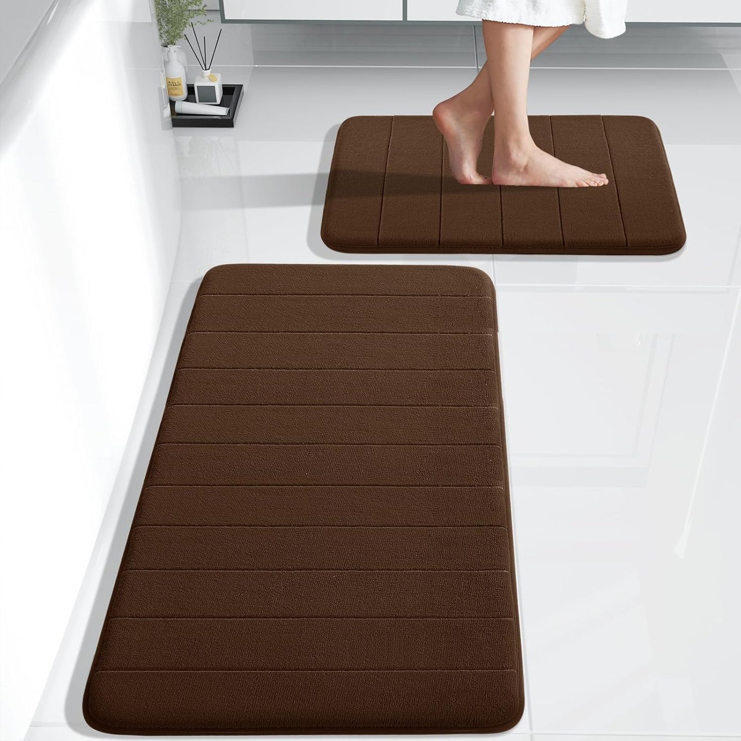 Yimobra Large Bath Mat Set 2 Piece- Super Soft Absorbent Quick Dry Memory Foam Bathroom Rugs, Machine Washable Non Slip Floor Carpet for Tub Shower & Double Vanity (17x24 & 44x24, Gray)