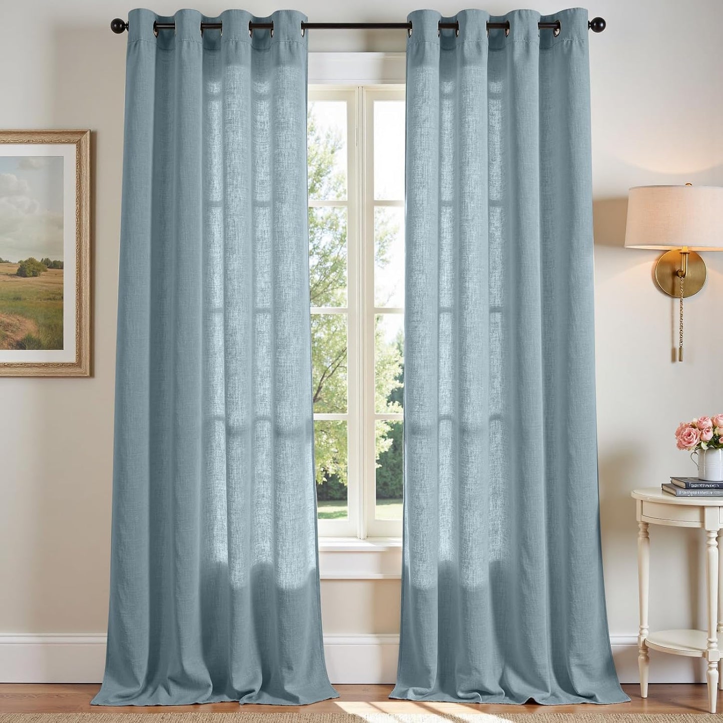 jinchan Linen Blend Semi Sheer Curtains 50W x 84L Inch Beige for Bedroom Curtains Light Weight Soft Window Grommet Drapes 2-Panel Set