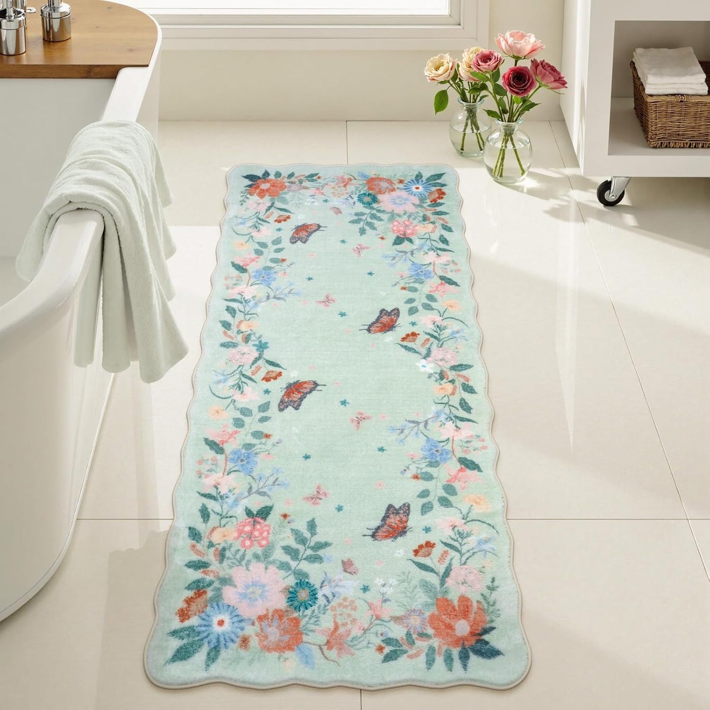 Uphome Sage Green Bathroom Rug Set, Cute Abstract Plant Bath Mat Set, Non Slip Machine Washable Bath Rugs, Soft Velvet Small Bathroom Mat, Mid Centry Aesthetic Botanical Floor Mats for Tub Sink Shower