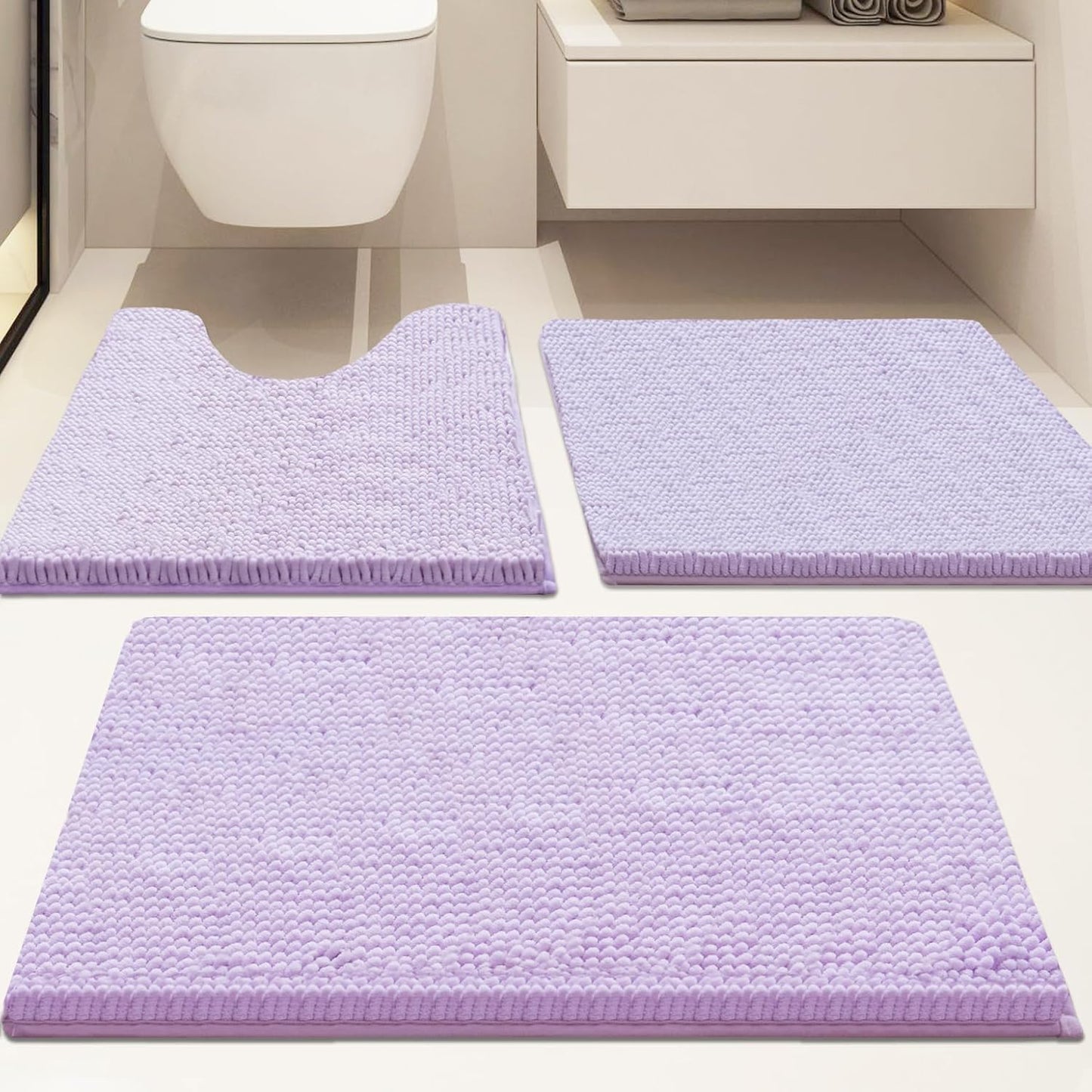 Bathroom Rugs Sets 3 Piece Non Slip,Bath Rugs with PVC Backing Bath Carpet,Bathroom Rug Washable,Absorbent,Plush Carpet Mats,Bath Mats for Bedroom, Kitchen,Tub,Home Decor (Lavender)
