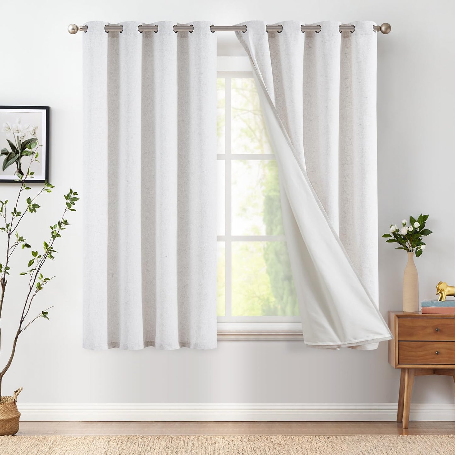 jinchan Linen Blend Semi Sheer Curtains 50W x 84L Inch Beige for Bedroom Curtains Light Weight Soft Window Grommet Drapes 2-Panel Set