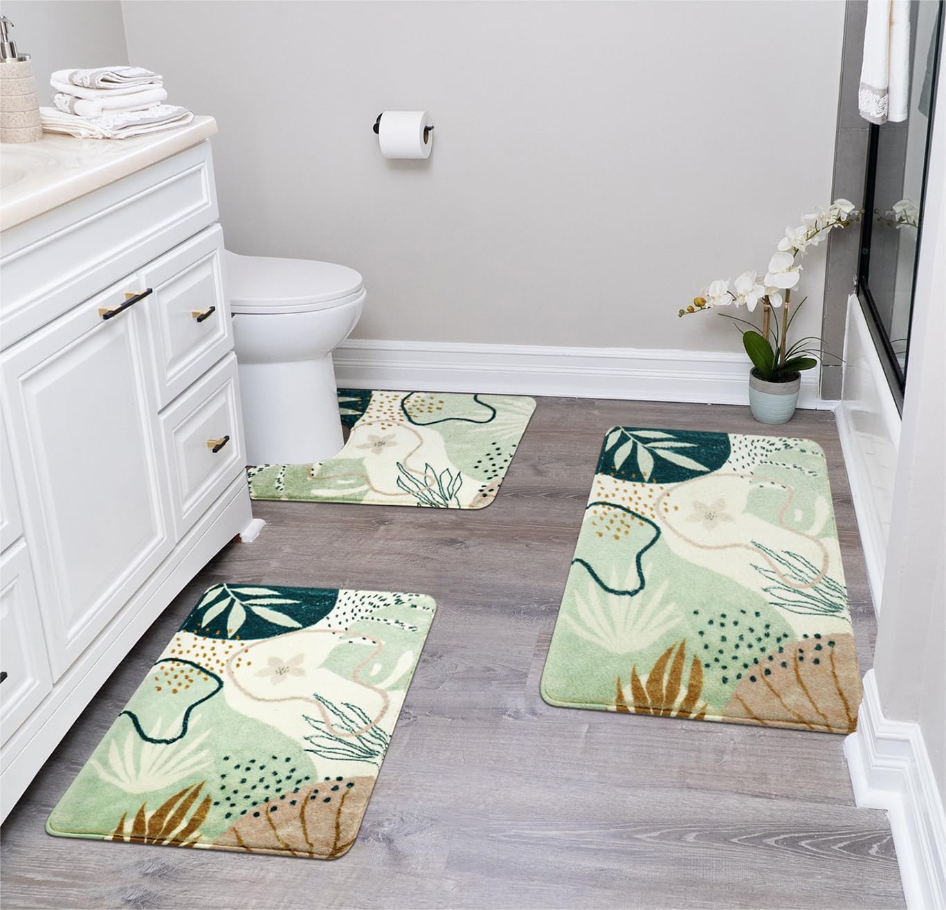 Uphome Sage Green Bathroom Rug Set, Cute Abstract Plant Bath Mat Set, Non Slip Machine Washable Bath Rugs, Soft Velvet Small Bathroom Mat, Mid Centry Aesthetic Botanical Floor Mats for Tub Sink Shower