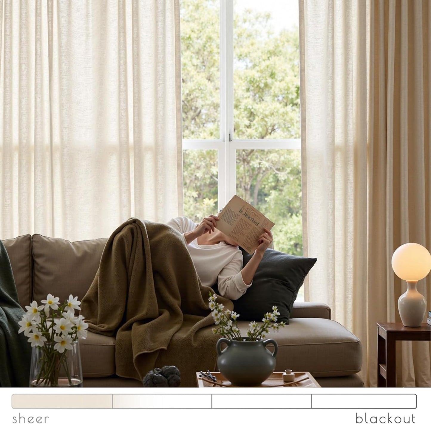 jinchan Linen Blend Semi Sheer Curtains 50W x 84L Inch Beige for Bedroom Curtains Light Weight Soft Window Grommet Drapes 2-Panel Set