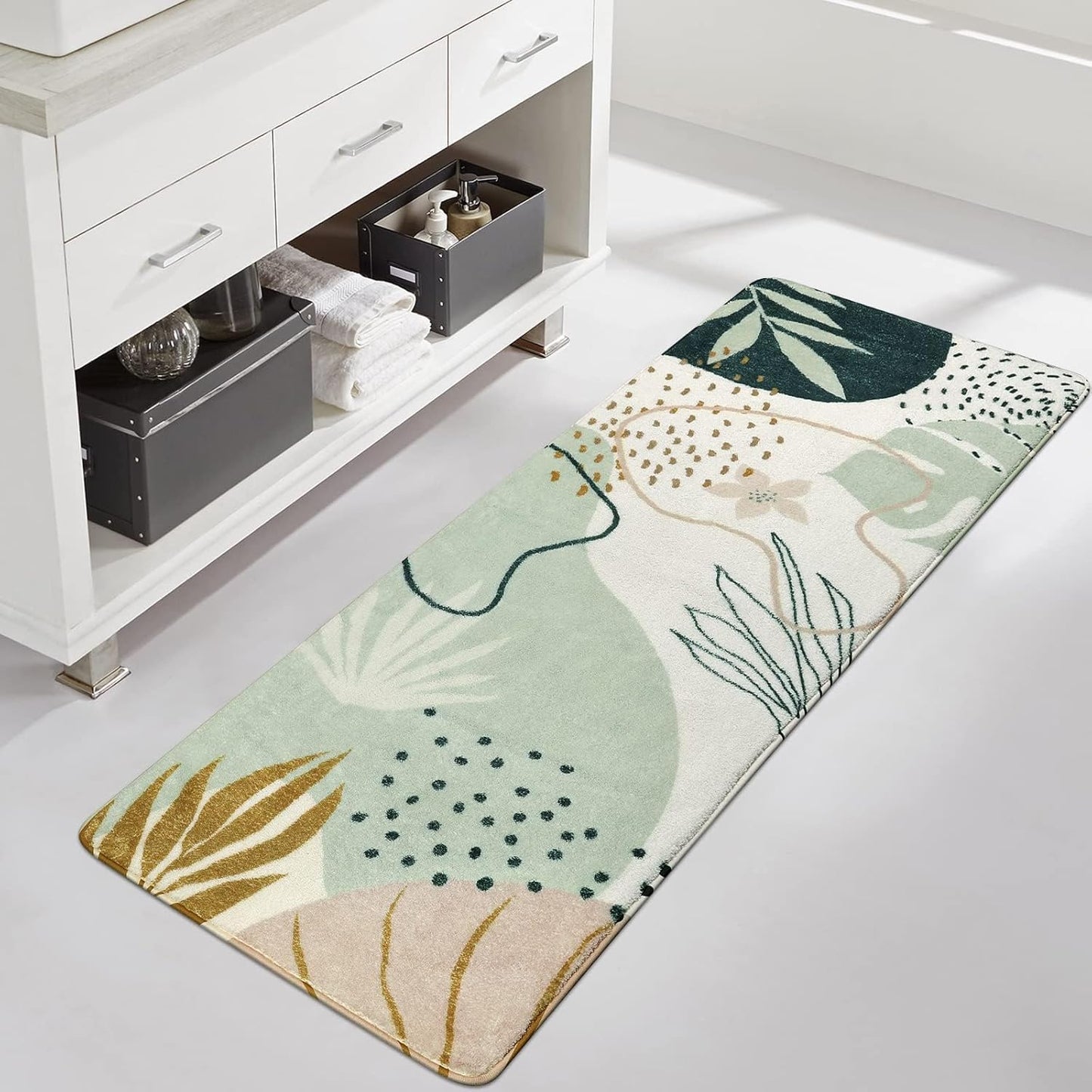 Uphome Sage Green Bathroom Rug Set, Cute Abstract Plant Bath Mat Set, Non Slip Machine Washable Bath Rugs, Soft Velvet Small Bathroom Mat, Mid Centry Aesthetic Botanical Floor Mats for Tub Sink Shower