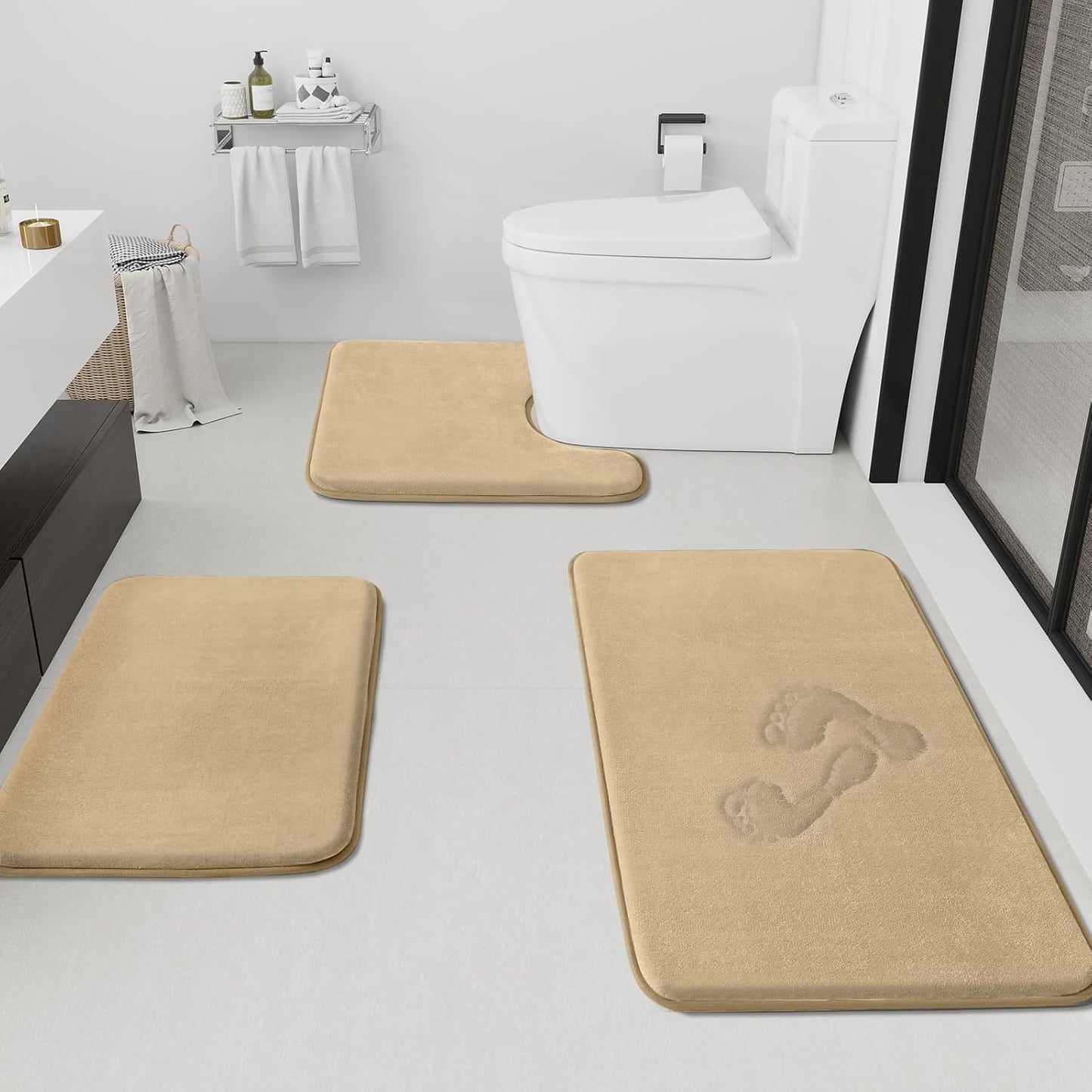 HUXMEYSON Bathroom Rugs Sets 3 Piece, Non-Slip & Quick Dry Bath Mat Set, Ultra Soft Velvet Bath Rugs for Bathroom, Toilet and Shower Floor, Brown