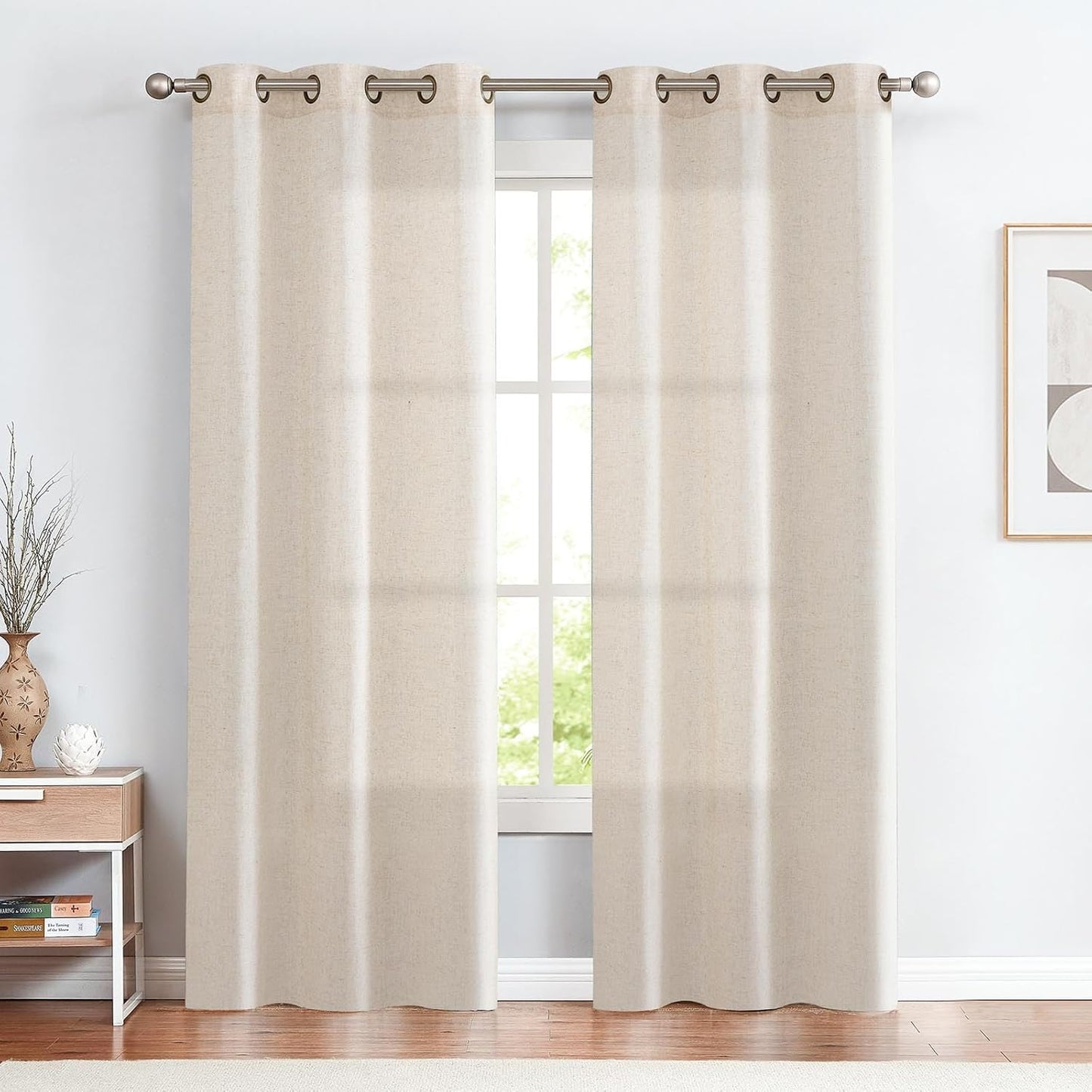 jinchan Linen Blend Semi Sheer Curtains 50W x 84L Inch Beige for Bedroom Curtains Light Weight Soft Window Grommet Drapes 2-Panel Set