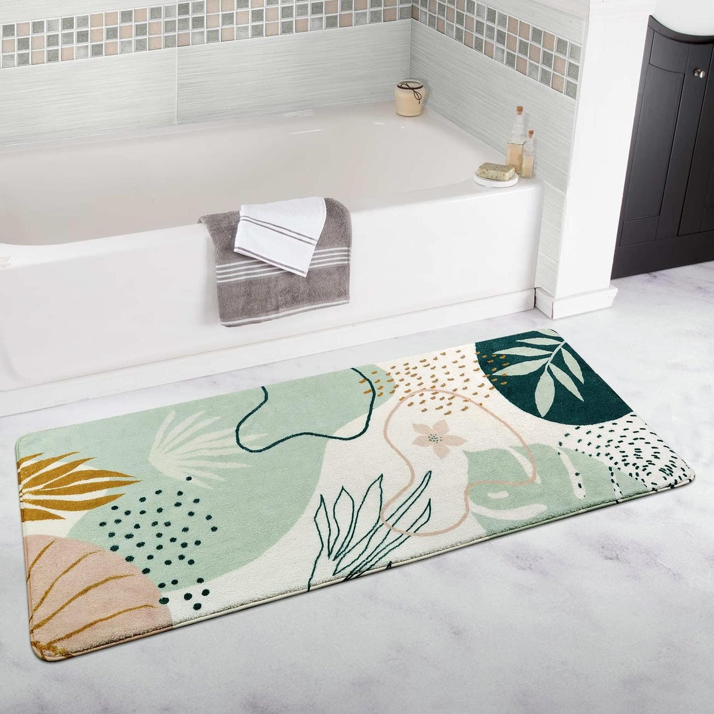 Uphome Sage Green Bathroom Rug Set, Cute Abstract Plant Bath Mat Set, Non Slip Machine Washable Bath Rugs, Soft Velvet Small Bathroom Mat, Mid Centry Aesthetic Botanical Floor Mats for Tub Sink Shower