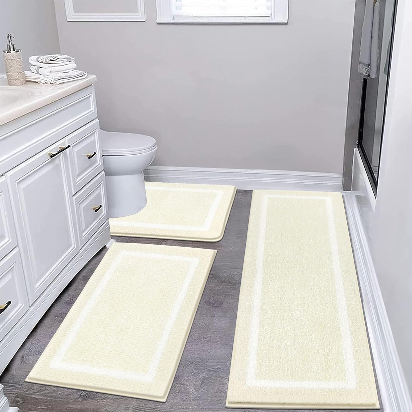 Pauwer Bathroom Rug Mat Set 3 Piece, Microfiber Shaggy Bath Set, Non-Slip Ultra Soft Carpet Mats, Absorbent with U-Shaped Toilet for Bathroom, Tub, Shower, Dark Grey