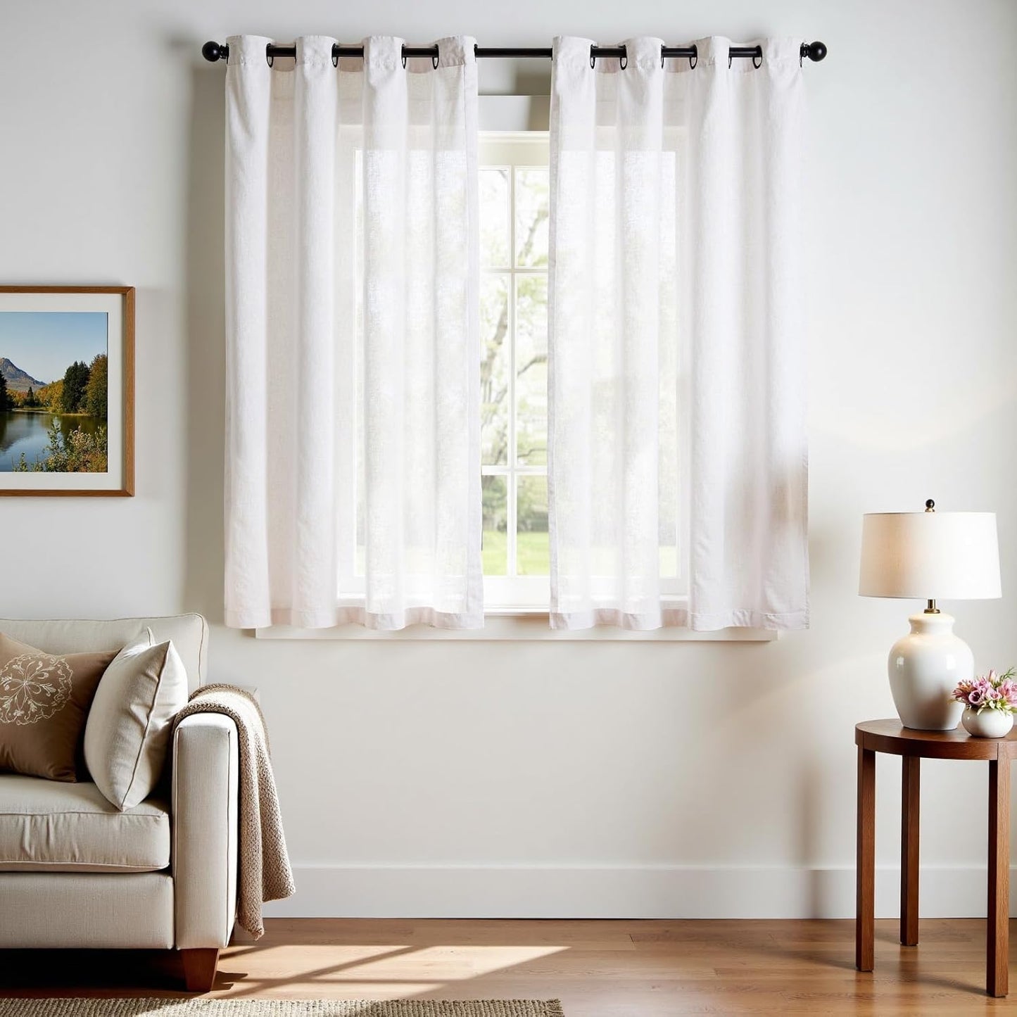 jinchan Linen Blend Semi Sheer Curtains 50W x 84L Inch Beige for Bedroom Curtains Light Weight Soft Window Grommet Drapes 2-Panel Set