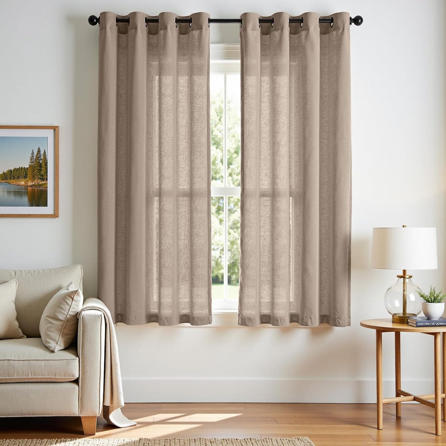 jinchan Linen Blend Semi Sheer Curtains 50W x 84L Inch Beige for Bedroom Curtains Light Weight Soft Window Grommet Drapes 2-Panel Set