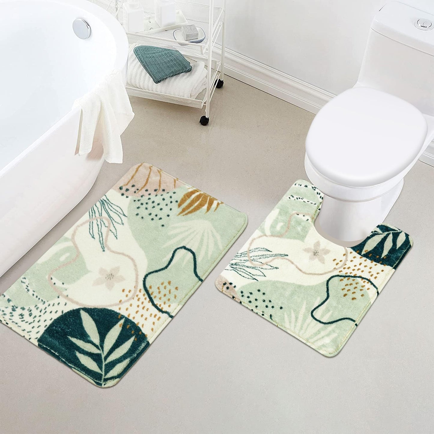 Uphome Sage Green Bathroom Rug Set, Cute Abstract Plant Bath Mat Set, Non Slip Machine Washable Bath Rugs, Soft Velvet Small Bathroom Mat, Mid Centry Aesthetic Botanical Floor Mats for Tub Sink Shower