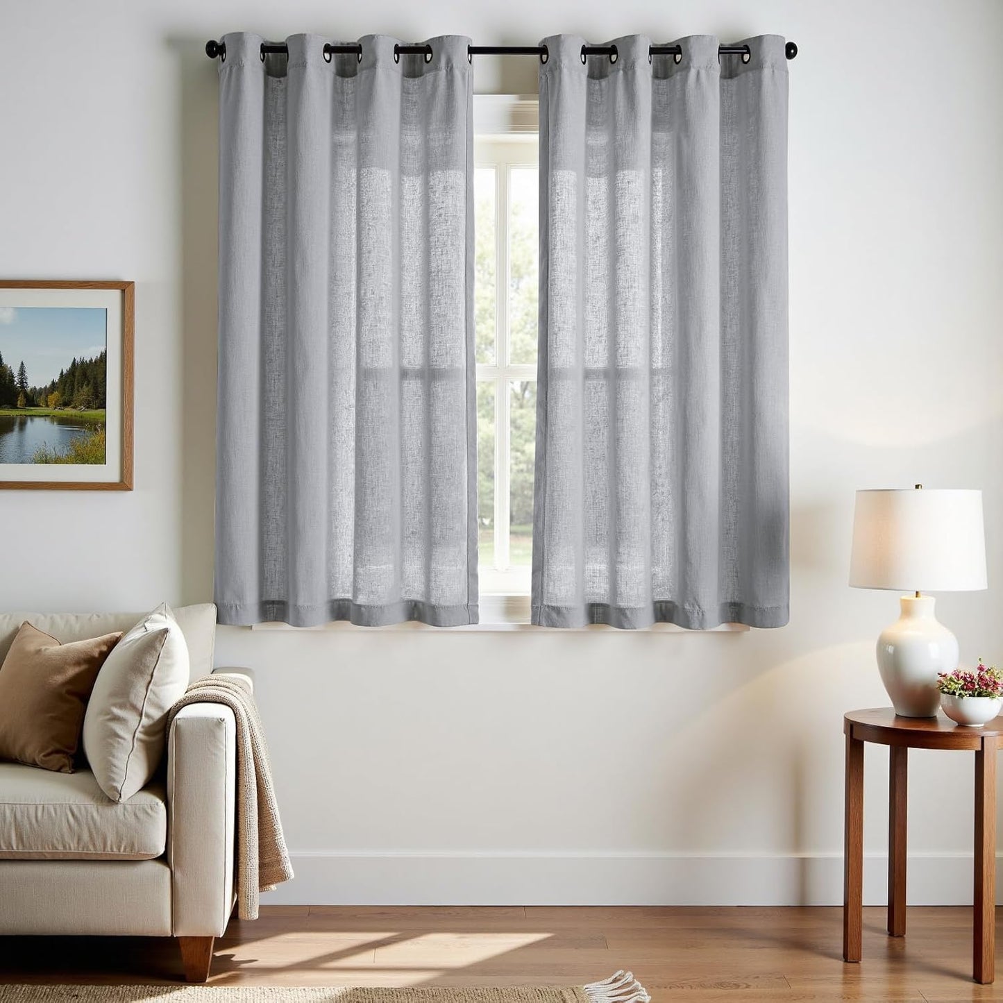 jinchan Linen Blend Semi Sheer Curtains 50W x 84L Inch Beige for Bedroom Curtains Light Weight Soft Window Grommet Drapes 2-Panel Set