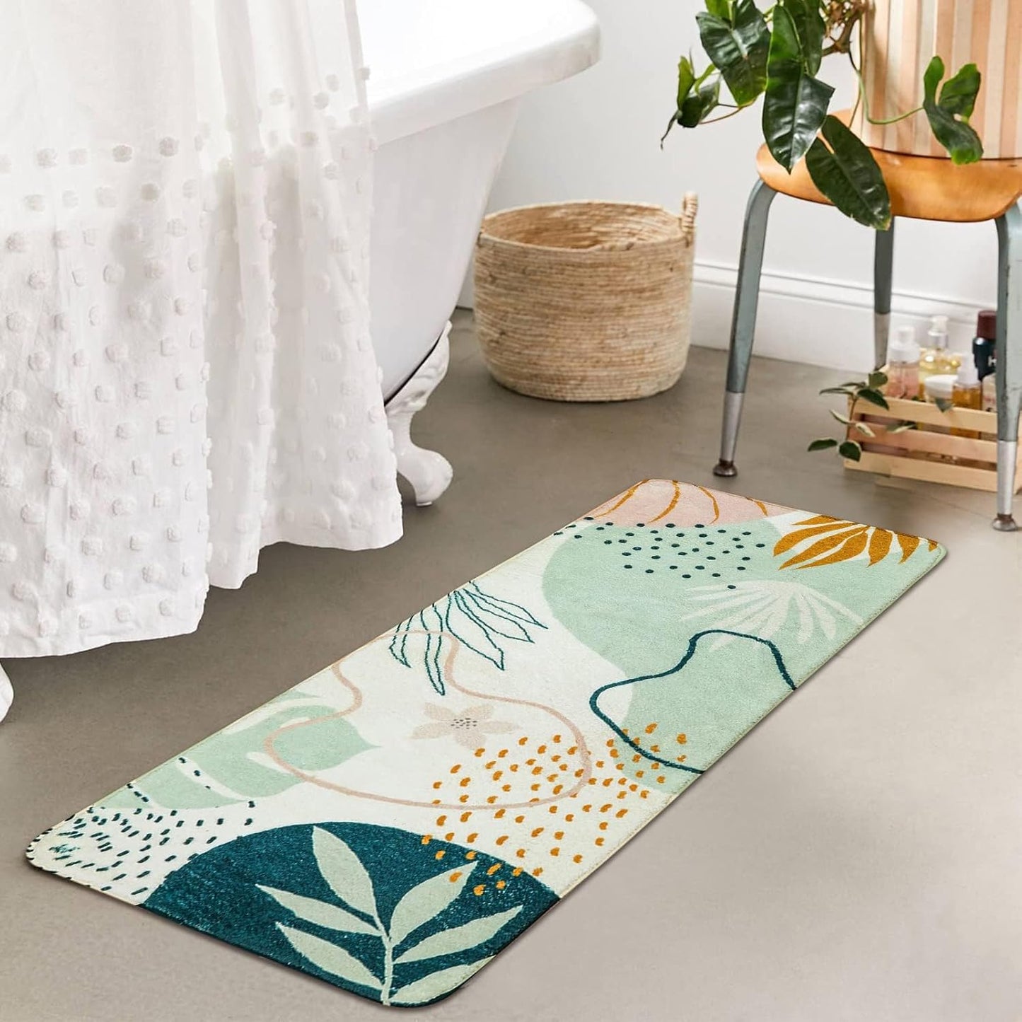 Uphome Sage Green Bathroom Rug Set, Cute Abstract Plant Bath Mat Set, Non Slip Machine Washable Bath Rugs, Soft Velvet Small Bathroom Mat, Mid Centry Aesthetic Botanical Floor Mats for Tub Sink Shower