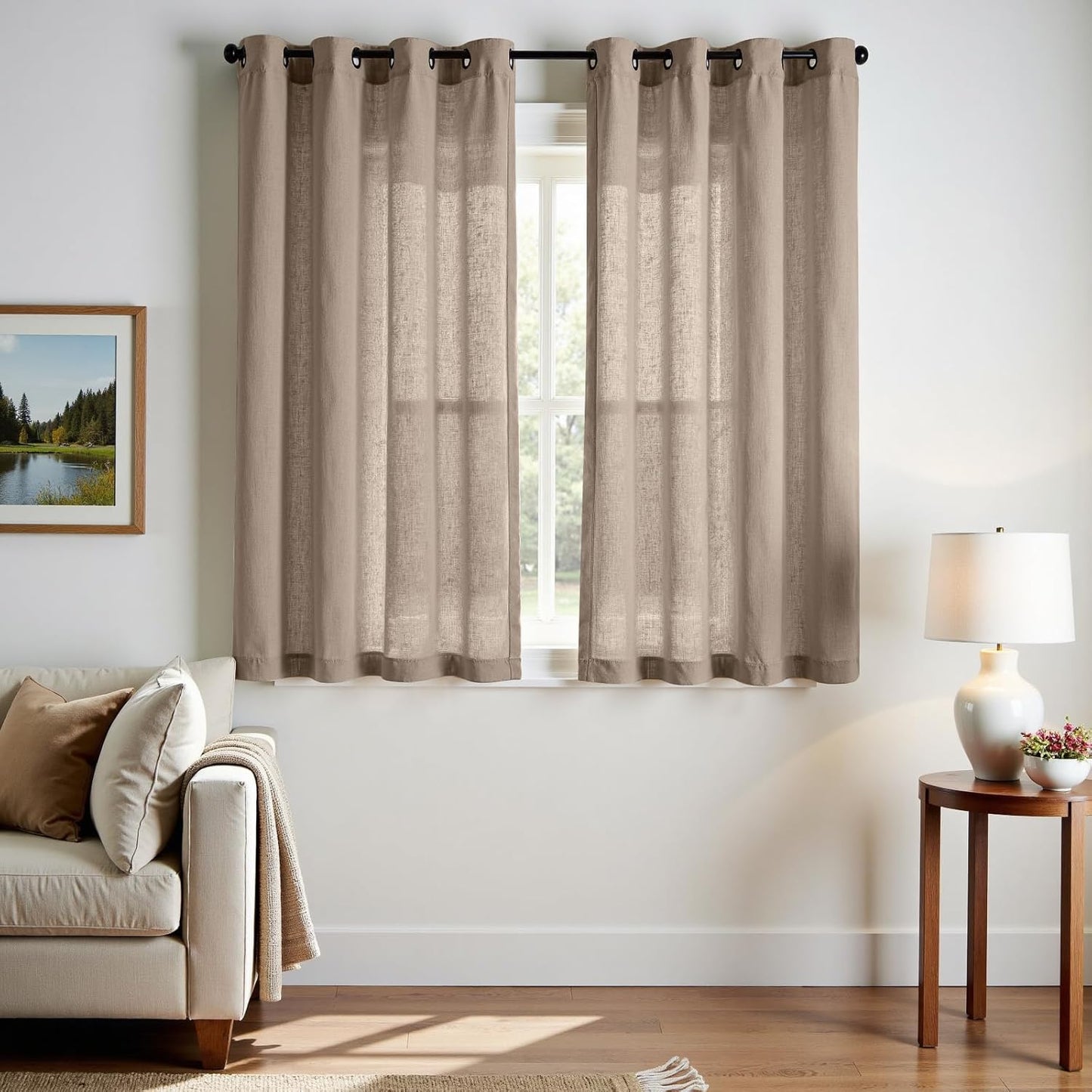 jinchan Linen Blend Semi Sheer Curtains 50W x 84L Inch Beige for Bedroom Curtains Light Weight Soft Window Grommet Drapes 2-Panel Set