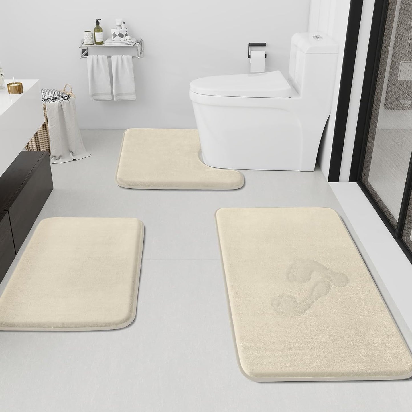 HUXMEYSON Bathroom Rugs Sets 3 Piece, Non-Slip & Quick Dry Bath Mat Set, Ultra Soft Velvet Bath Rugs for Bathroom, Toilet and Shower Floor, Brown