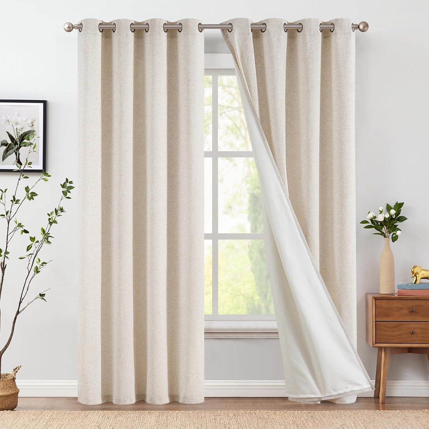 jinchan Linen Blend Semi Sheer Curtains 50W x 84L Inch Beige for Bedroom Curtains Light Weight Soft Window Grommet Drapes 2-Panel Set