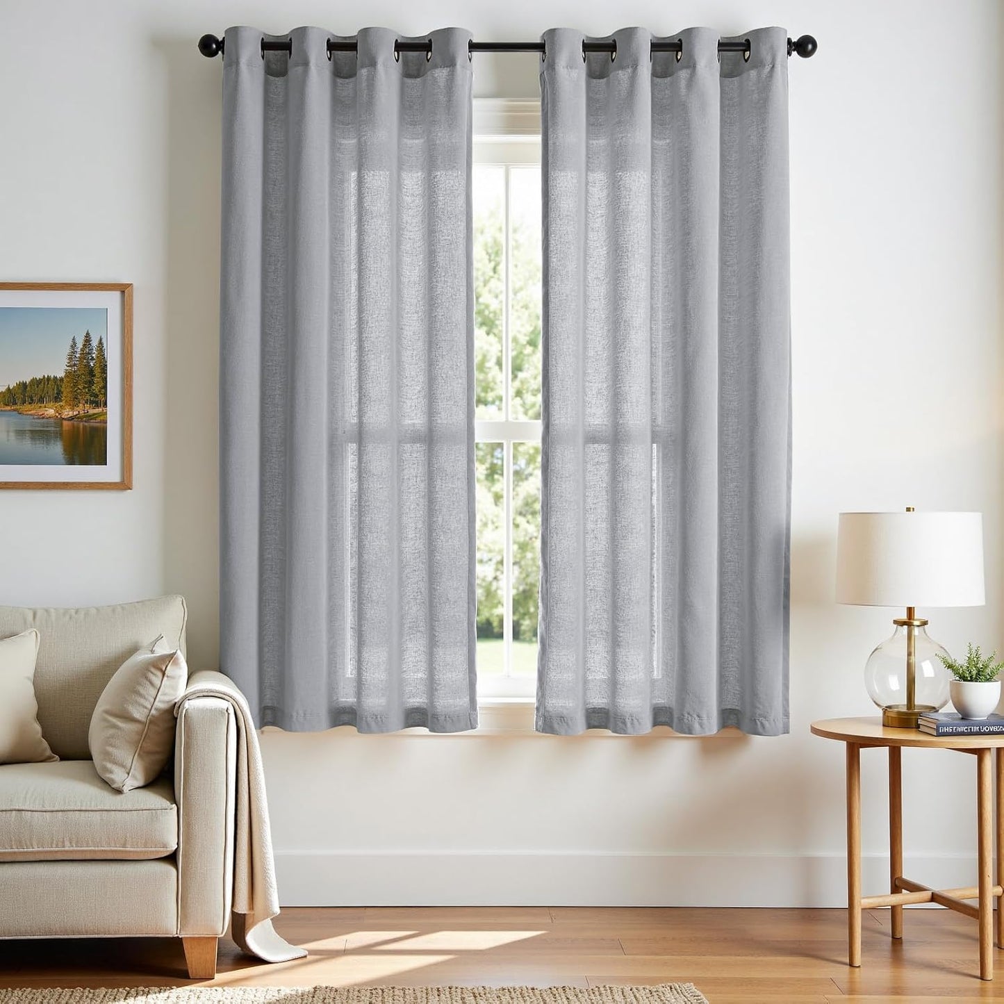 jinchan Linen Blend Semi Sheer Curtains 50W x 84L Inch Beige for Bedroom Curtains Light Weight Soft Window Grommet Drapes 2-Panel Set