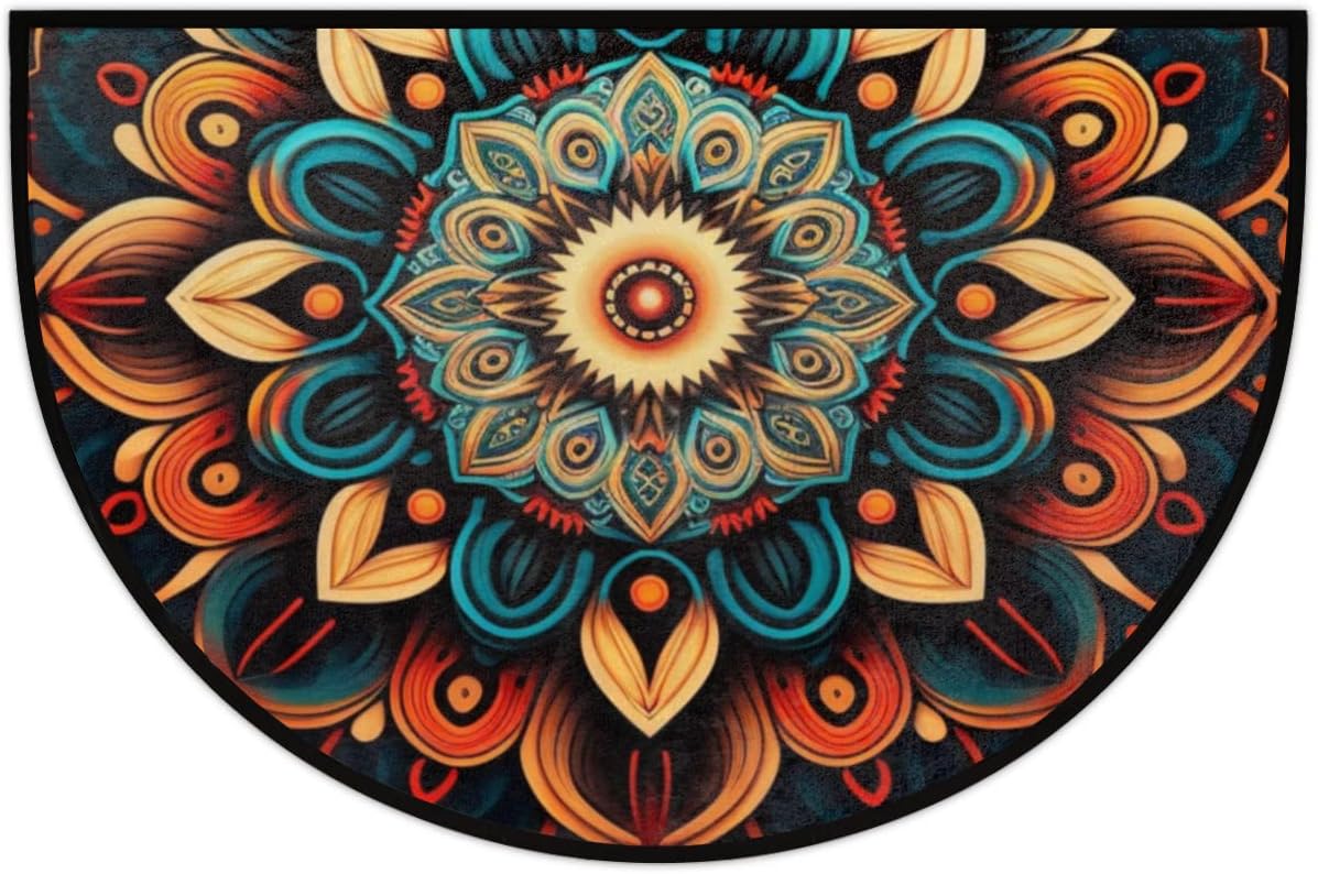 Pardick Boho Flower Half Round Doormat Ethnic Floral Semi Circle Area Rug Non Slip Indoor Outdoor Entrance Half Moon Rug Absorbent Durable Washable Front Floor Mat for Kitchen Bedroom Patio Fireplace