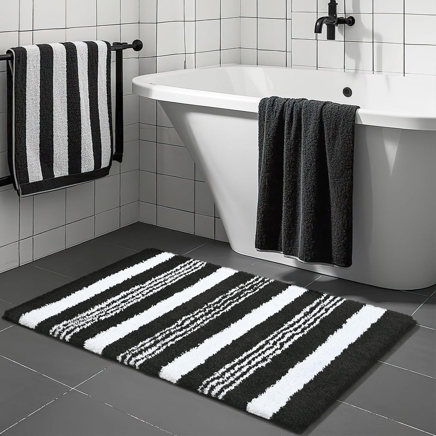HOMORE Bathroom Runner Rug 24x60 Inch, Washable Non Slip Bathroom Rug Long Absorbent Bath Rugs for Bathrooms Quickly Dry, Black Plush Bath Mats for Sink Shower Floor