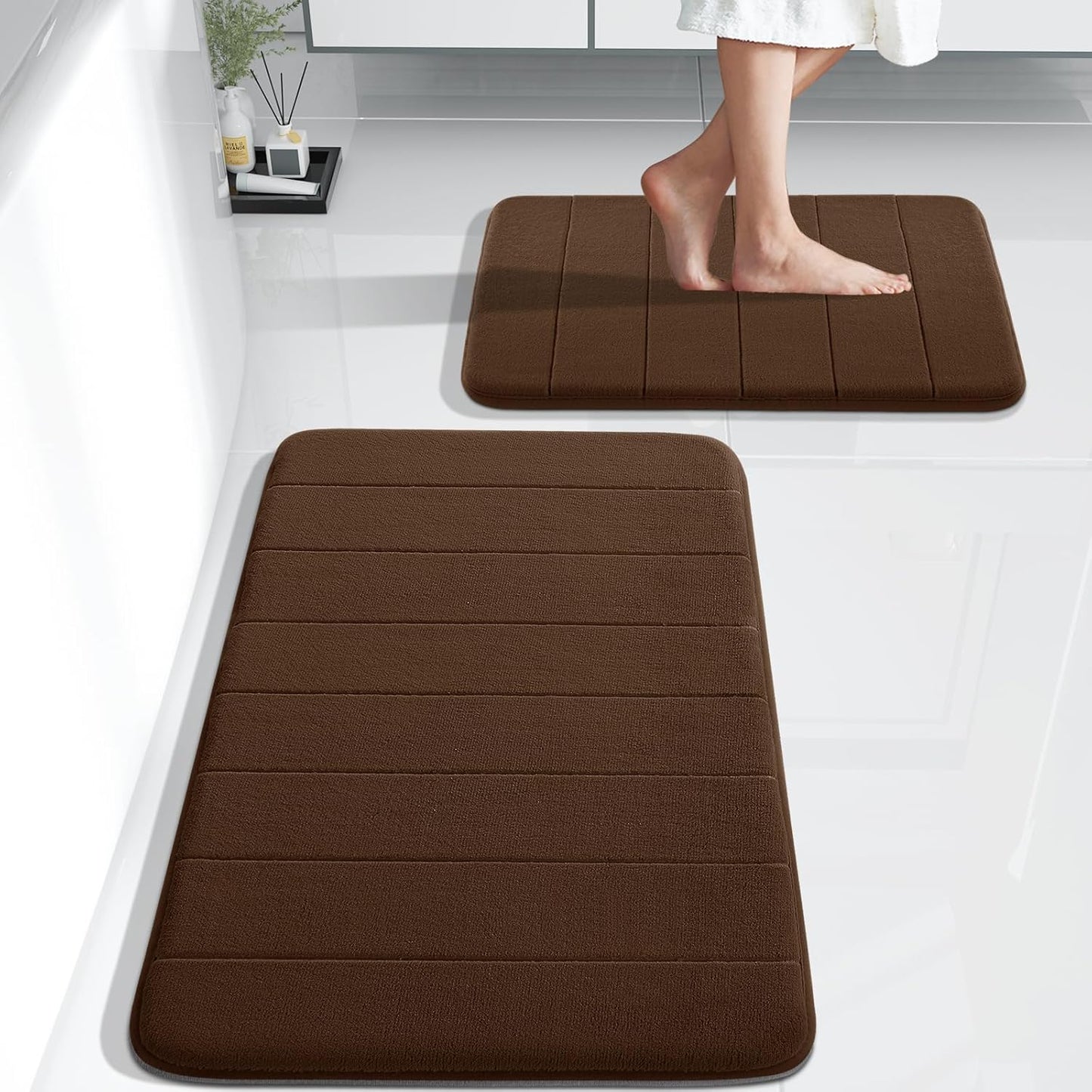 Yimobra Large Bath Mat Set 2 Piece- Super Soft Absorbent Quick Dry Memory Foam Bathroom Rugs, Machine Washable Non Slip Floor Carpet for Tub Shower & Double Vanity (17x24 & 44x24, Gray)