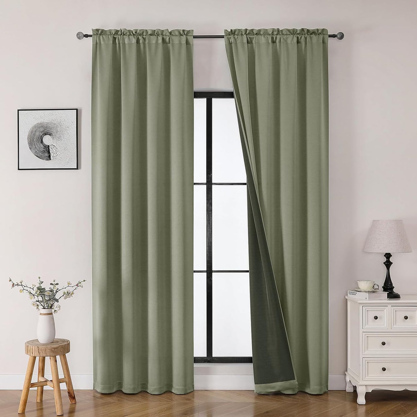 OWENIE Heidi Sage Green Curtains for Living Room 63 Inch Length 2 Panels Set, Light Filtering Solid Curtain for Bedroom, Rod Pocket Window Curtains & Drapes, 2 Pcs Each 40" W 63" L