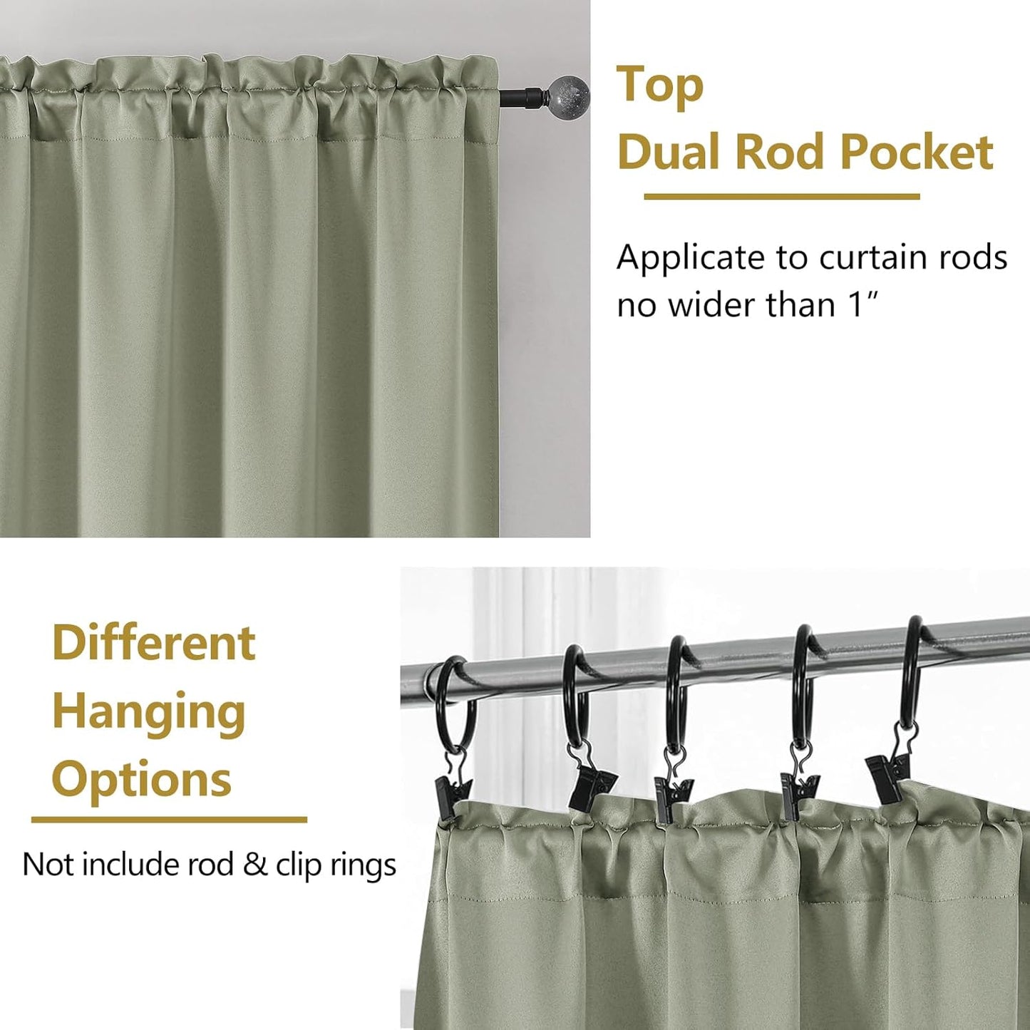 OWENIE Heidi Sage Green Curtains for Living Room 63 Inch Length 2 Panels Set, Light Filtering Solid Curtain for Bedroom, Rod Pocket Window Curtains & Drapes, 2 Pcs Each 40" W 63" L