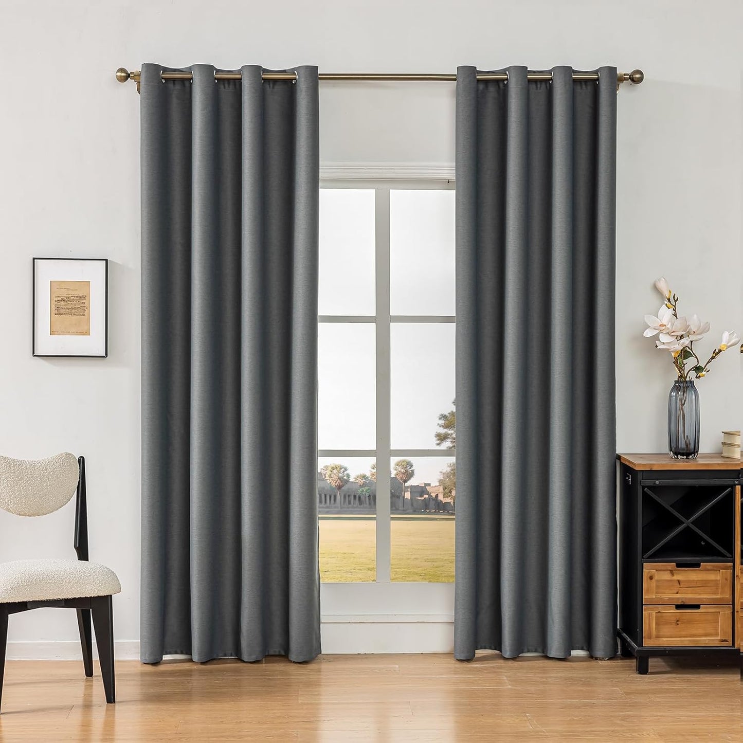 100% Blackout Linen Textured Curtains for Bedroom, Solid Thermal Insulated Grommet Blackout Curtains/Drapes with Black Liner for Living Room Window, 52W x 63L, 2 Panels, Dark Navy Blue