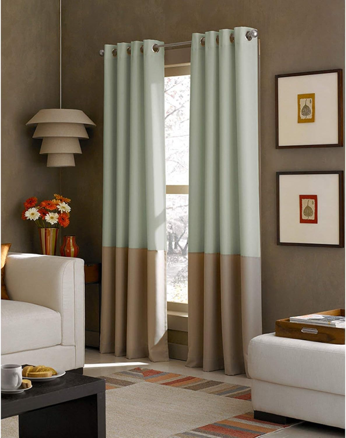 Curtainworks Kendall Color Block Grommet Curtain Panel, 84-Inch, Ivory/Tan
