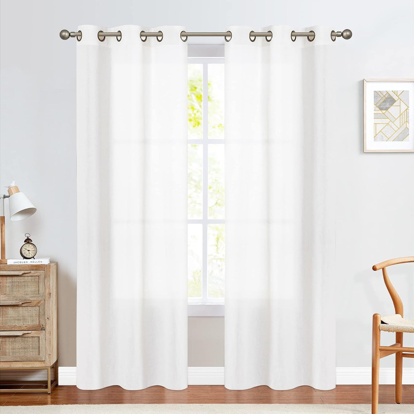 jinchan Linen Blend Semi Sheer Curtains 50W x 84L Inch Beige for Bedroom Curtains Light Weight Soft Window Grommet Drapes 2-Panel Set