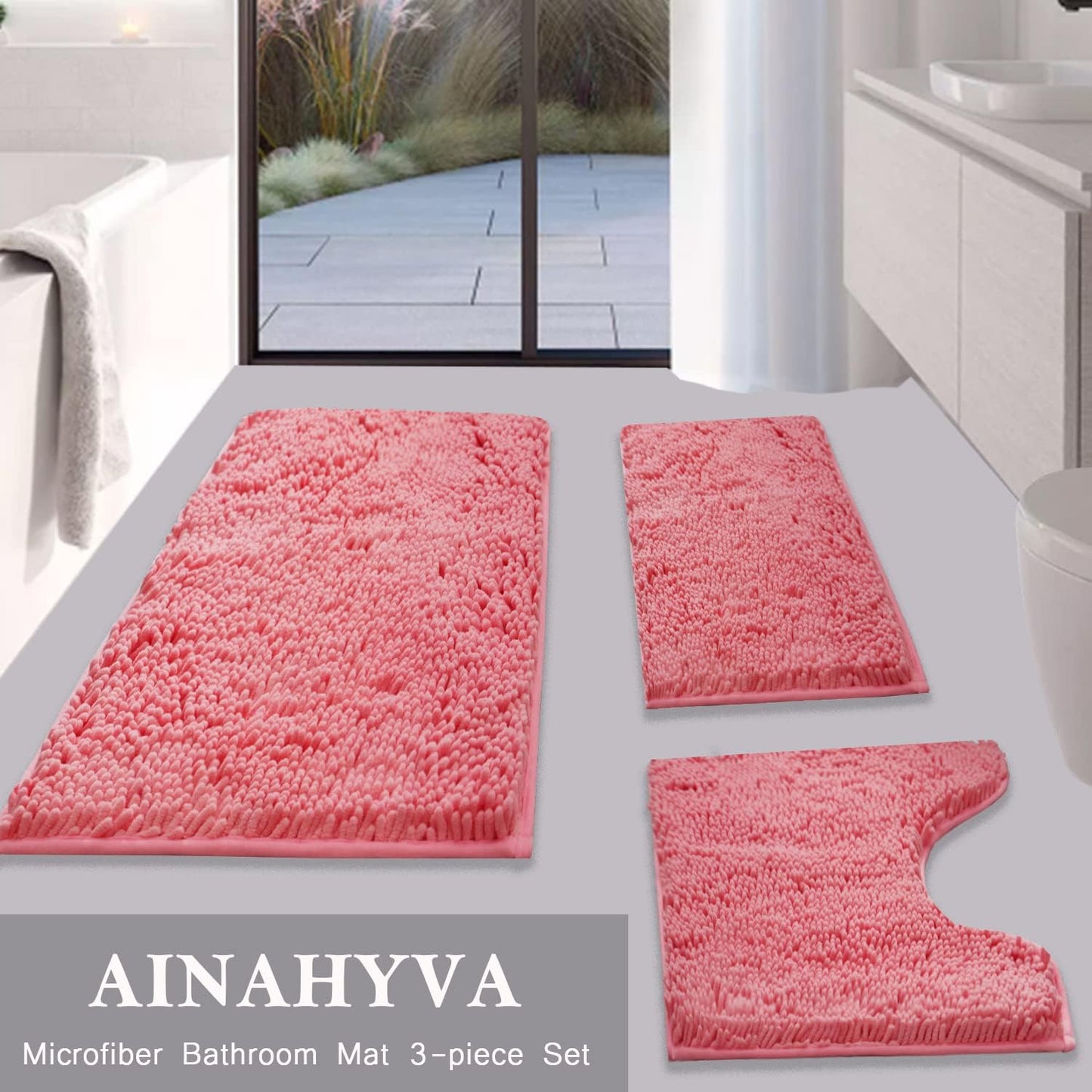 Valentine's Day Bathroom Rugs Chenille Bath mat 3 Piece Set, Super Absorbent, Strong PVC Non Slip, Bath mats for Bathroom, Plush Shaggy, Thick, Machine Washable, Bathtub, Shower, Toilet, Pink