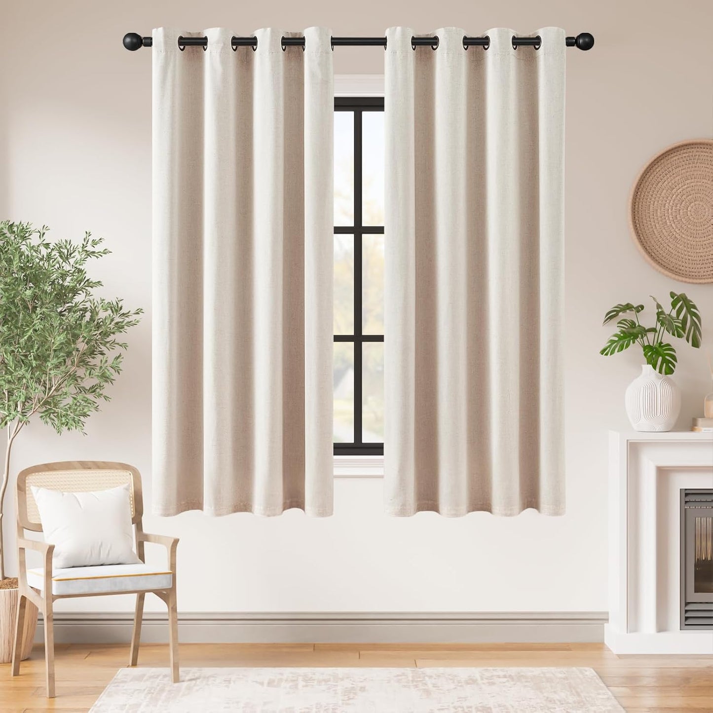 jinchan Linen Blend Semi Sheer Curtains 50W x 84L Inch Beige for Bedroom Curtains Light Weight Soft Window Grommet Drapes 2-Panel Set