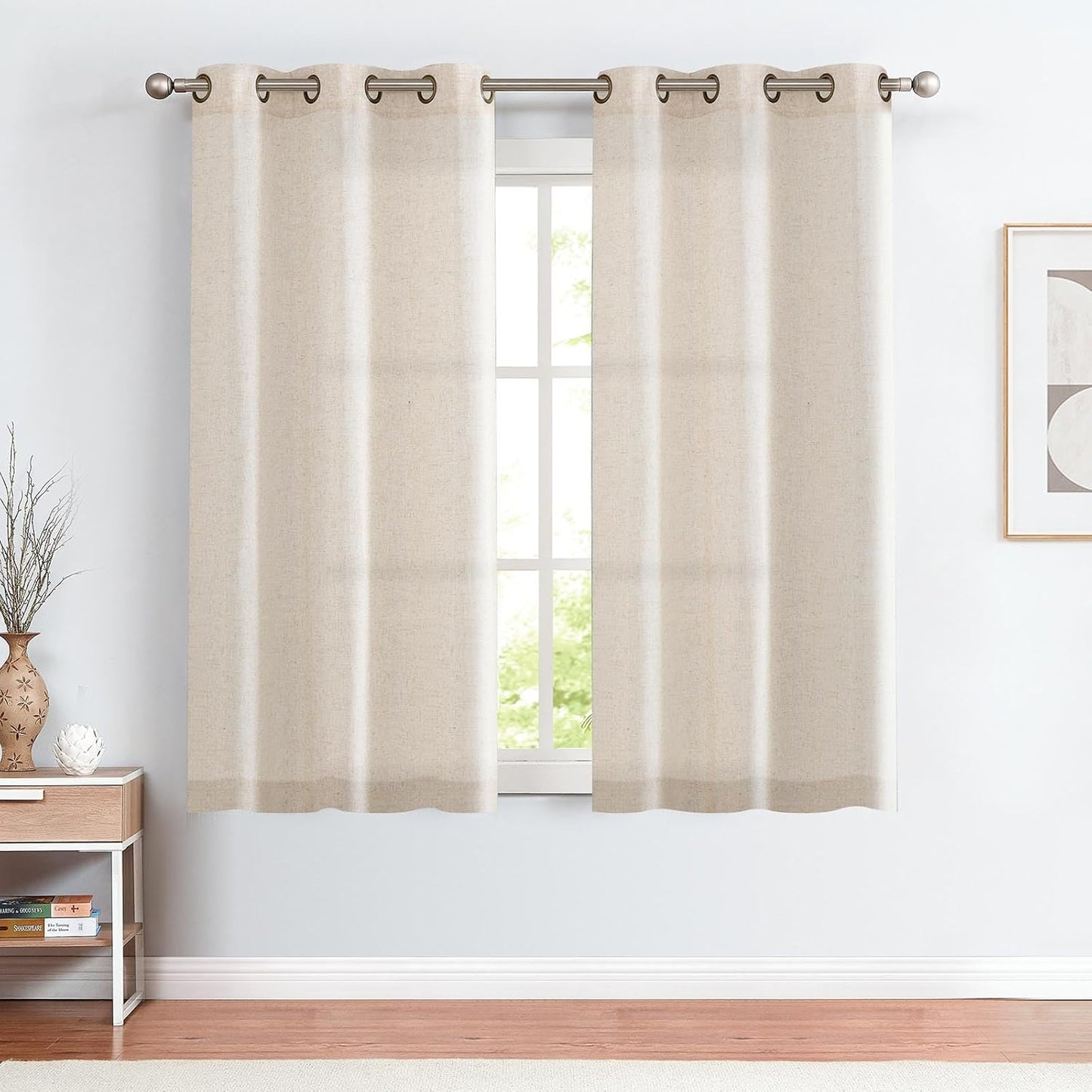 jinchan Linen Blend Semi Sheer Curtains 50W x 84L Inch Beige for Bedroom Curtains Light Weight Soft Window Grommet Drapes 2-Panel Set