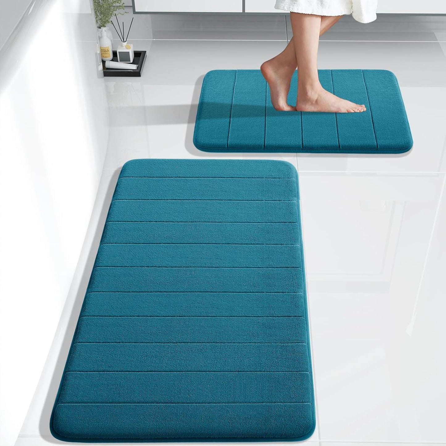 Yimobra Large Bath Mat Set 2 Piece- Super Soft Absorbent Quick Dry Memory Foam Bathroom Rugs, Machine Washable Non Slip Floor Carpet for Tub Shower & Double Vanity (17x24 & 44x24, Gray)