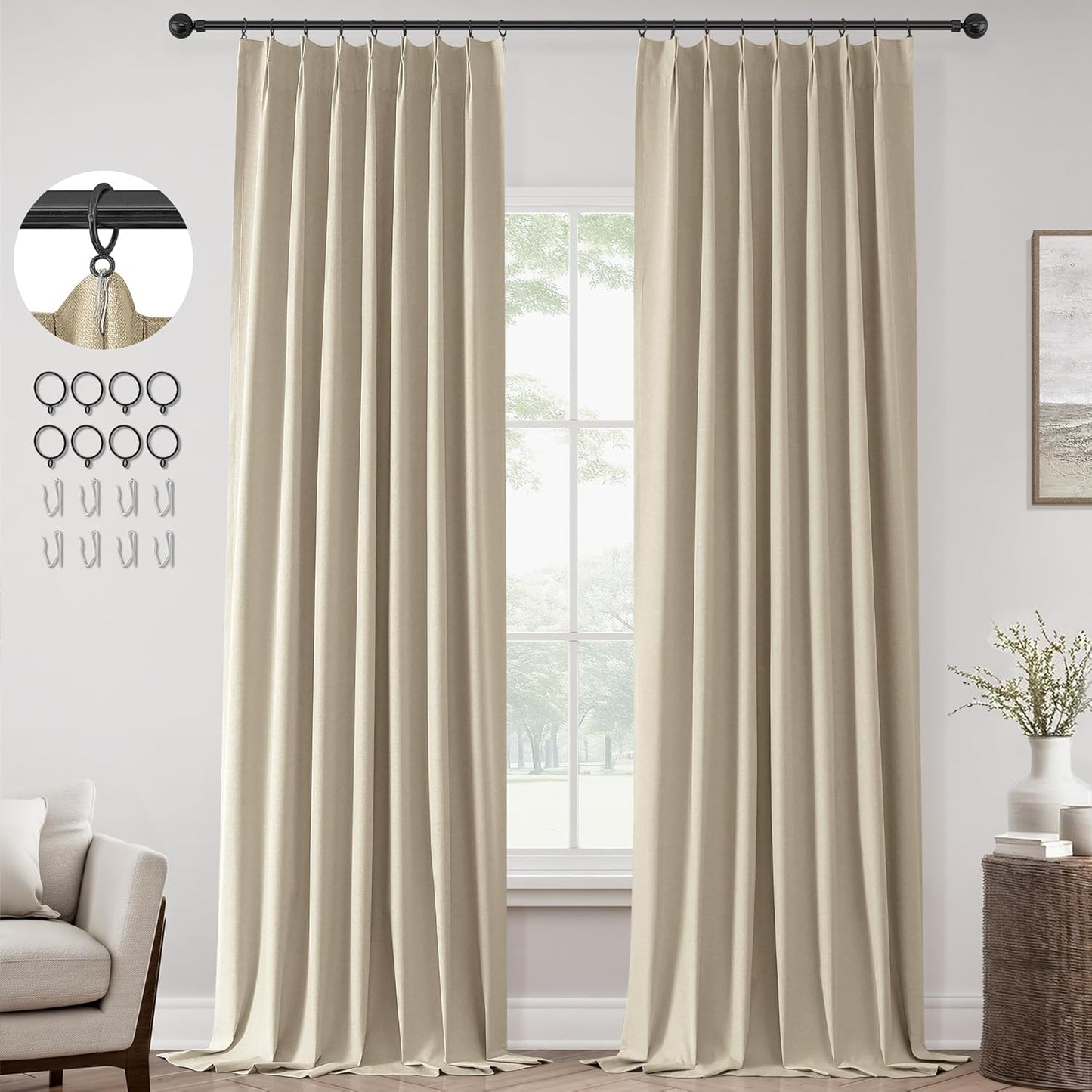 ChrisDowa Terracotta Pinch Pleated Blackout Linen Curtains 102 Inch Long 2 Panels for Living Room Bedroom Farmhouse Room darking Thermal Insulated Back Tab Hooks Rings Window Treatment Drapes,40x102
