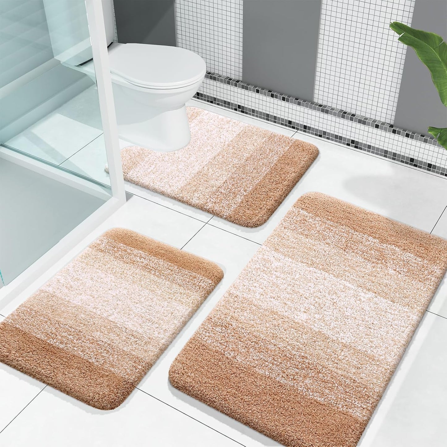 OLANLY Bathroom Rugs Sets 3 Piece, Soft Absorbent Microfiber Bath Mats and U-Shaped Contour Toilet Rug, Plush Shaggy Bath Mat Set for Bathroom (30"x20"+24"x16"+24"x20", Blackish Green)