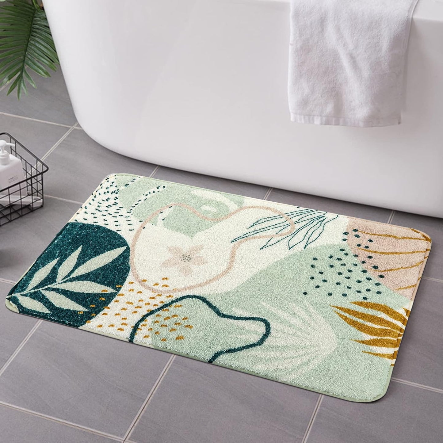 Uphome Sage Green Bathroom Rug Set, Cute Abstract Plant Bath Mat Set, Non Slip Machine Washable Bath Rugs, Soft Velvet Small Bathroom Mat, Mid Centry Aesthetic Botanical Floor Mats for Tub Sink Shower