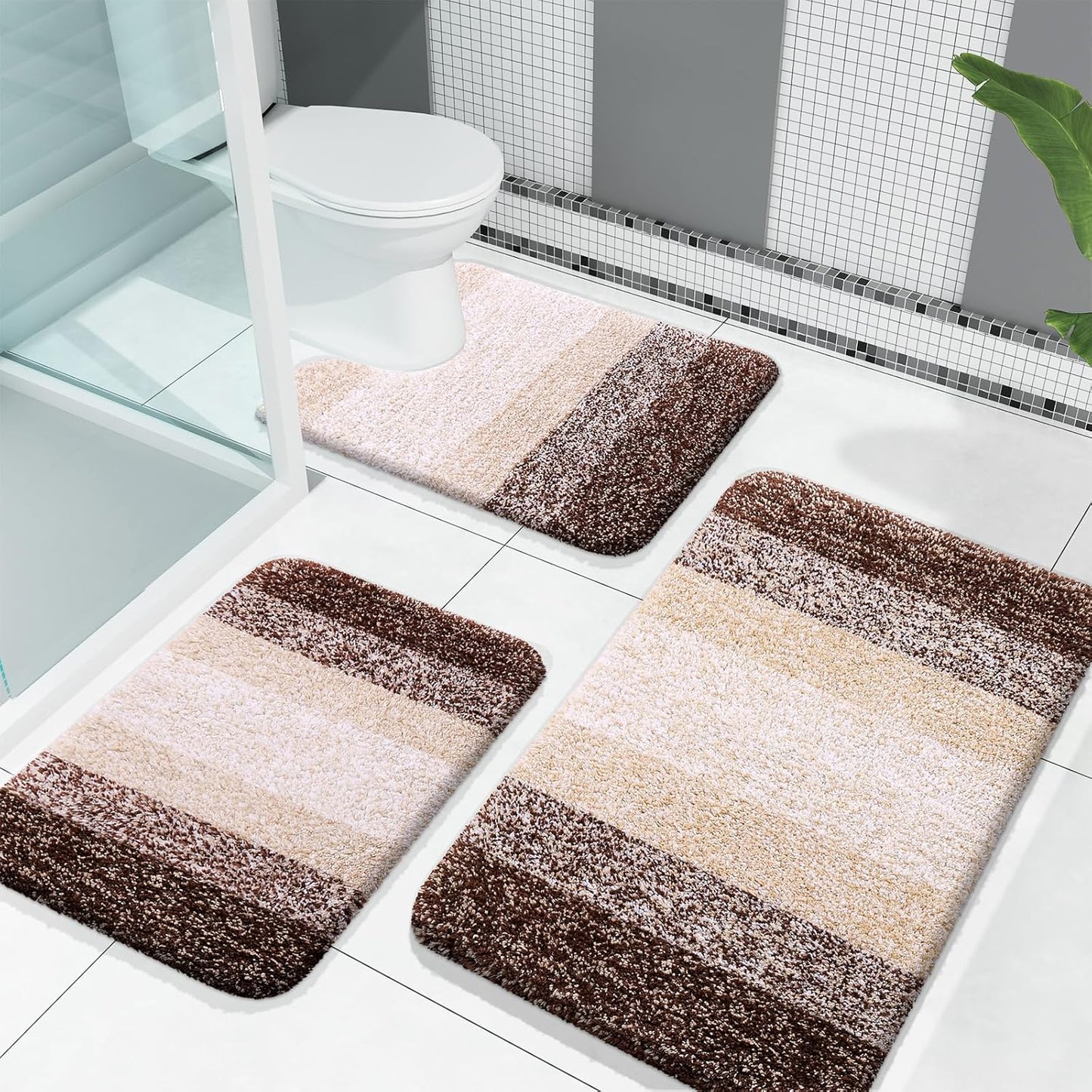 OLANLY Bathroom Rugs Sets 3 Piece, Soft Absorbent Microfiber Bath Mats and U-Shaped Contour Toilet Rug, Plush Shaggy Bath Mat Set for Bathroom (30"x20"+24"x16"+24"x20", Blackish Green)