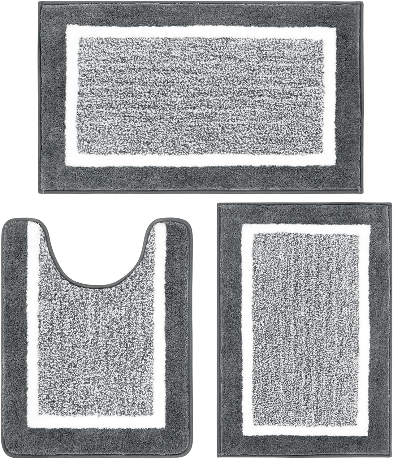 Pauwer Bathroom Rug Mat Set 3 Piece, Microfiber Shaggy Bath Set, Non-Slip Ultra Soft Carpet Mats, Absorbent with U-Shaped Toilet for Bathroom, Tub, Shower, Dark Grey