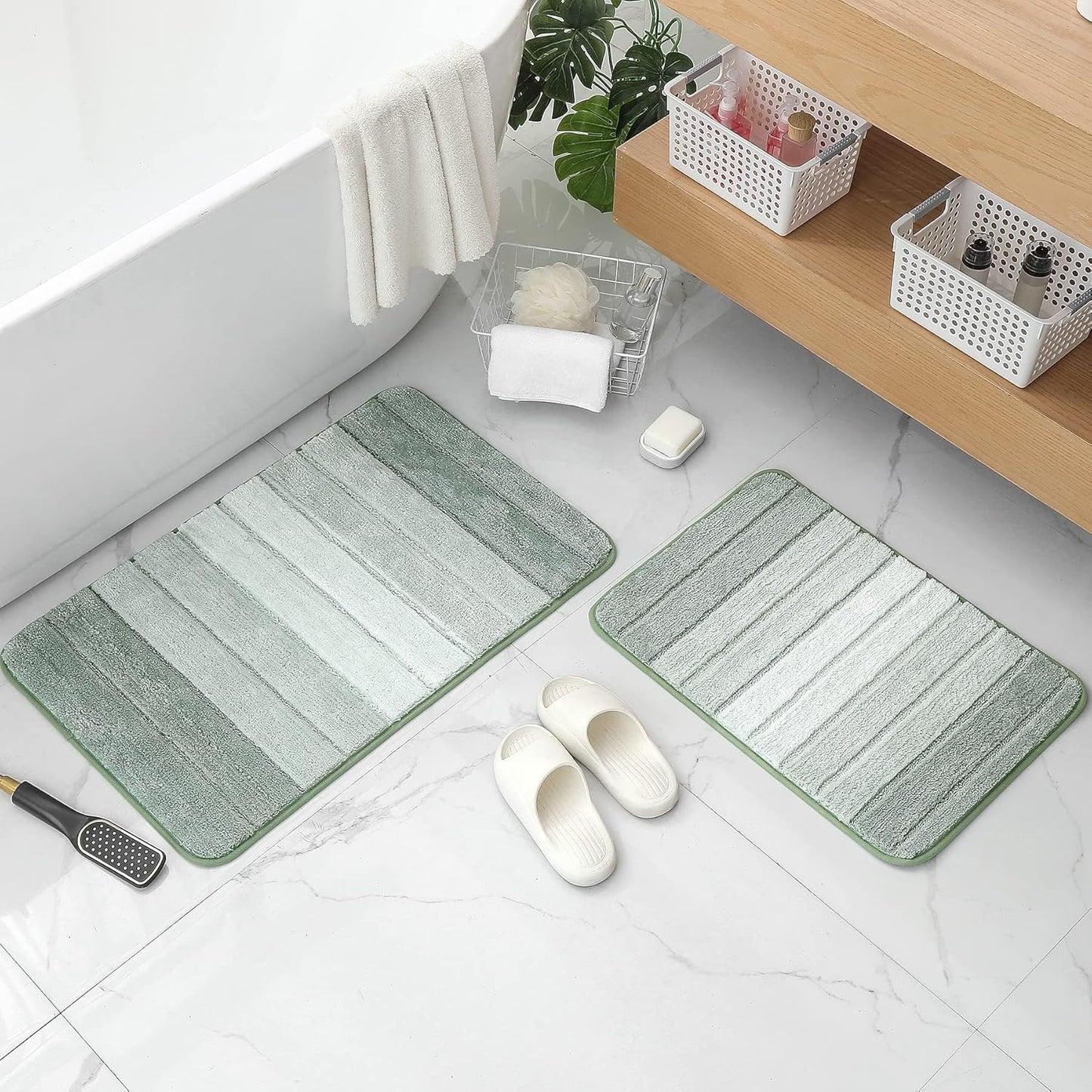 Kmson 2 Piece Ombre Bathroom Rugs Set, Non Slip, Quick Drying, Ultra Soft and Water Absorbent Bath Carpet for Bedroom Floor Living Room,Machine Washable Green