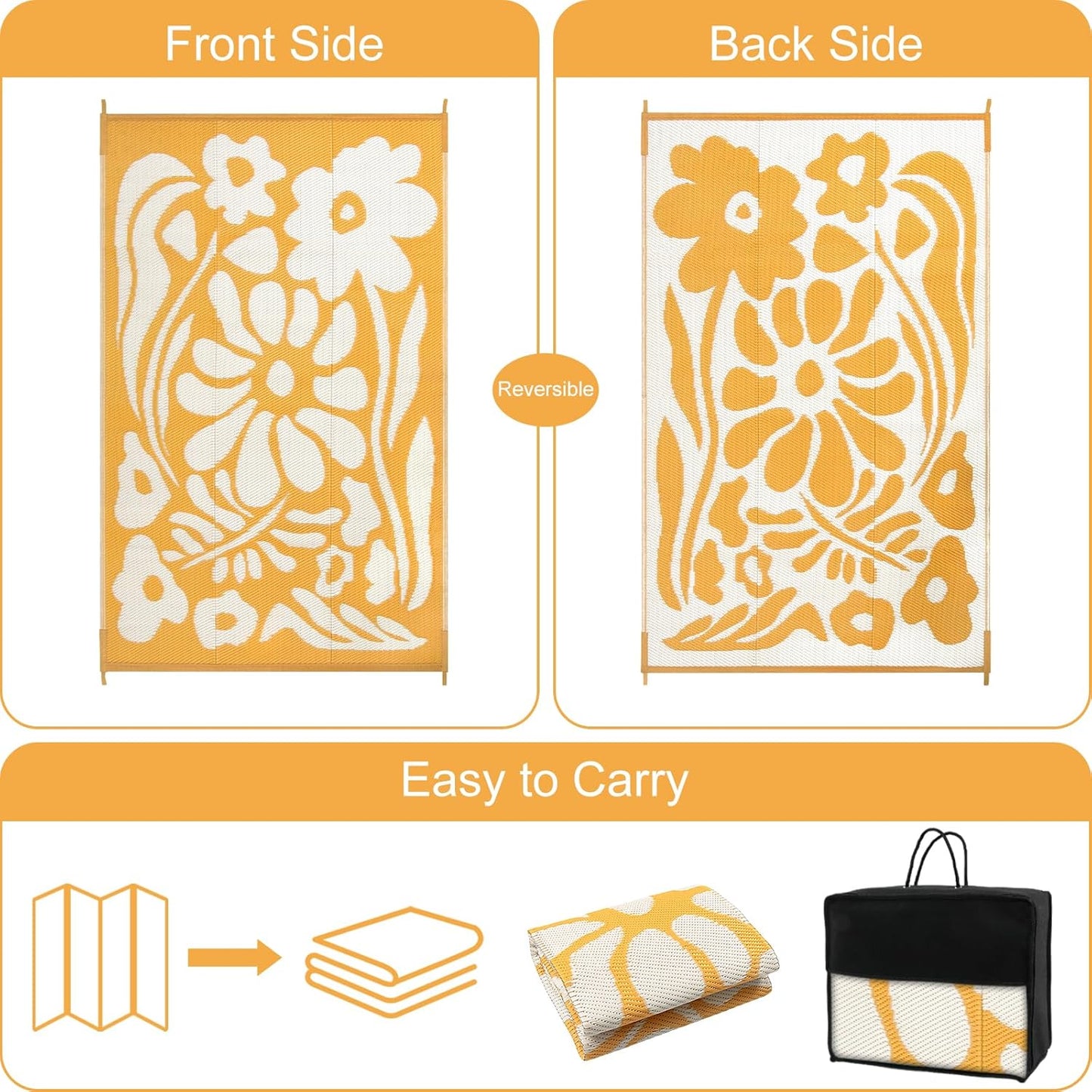 Uphome Outdoor Rug Mat Waterproof 5x8 ft, Reversible Outdoor Plastic Straw Rug, Orange Floral Patio Rug, Foldable RV Camping Rug, Indoor Outdoor Area Rug for Backyard Deck Pool Balcony Picnic, 5'x8'