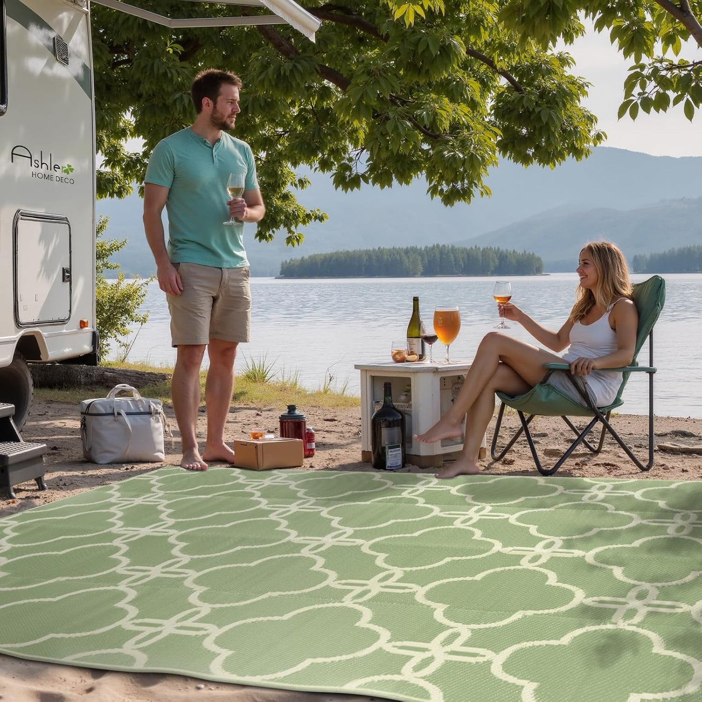 Ashler Outdoor Rug, Outdoor Plastic Straw Rug, 5x8 Reversible Sage Green Patio Mat, Flower Modern Design for RV, Backyard, Deck, Camping, Picnic, Spring, Summer, Durable & Weather-Resistant Area Rug