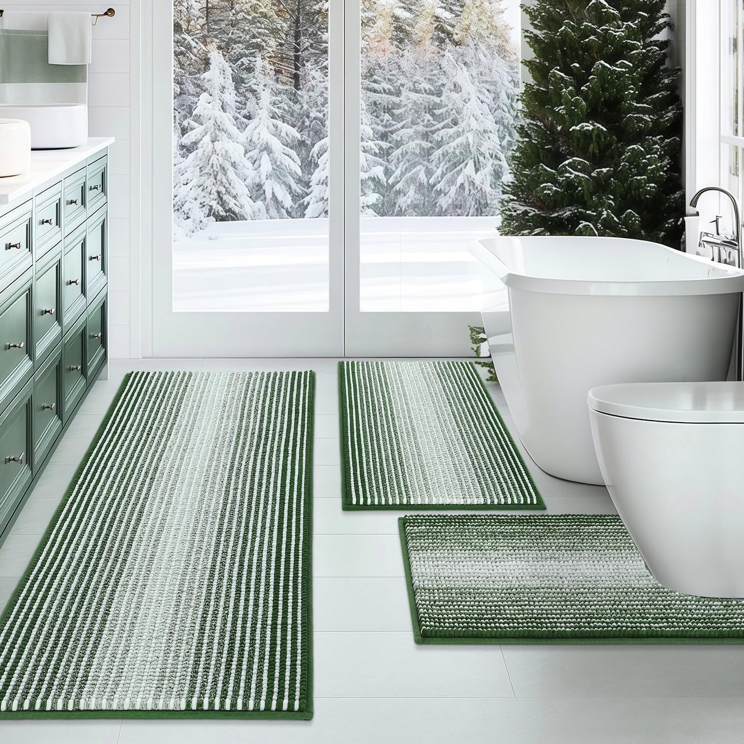 BSICPRO Bathroom Rugs Sets 3 Piece, Toilet Rugs U-Shaped Contour Bath Mat Set, Long Striped Absorbent Non Slip Chenille Shower Mat, Sage