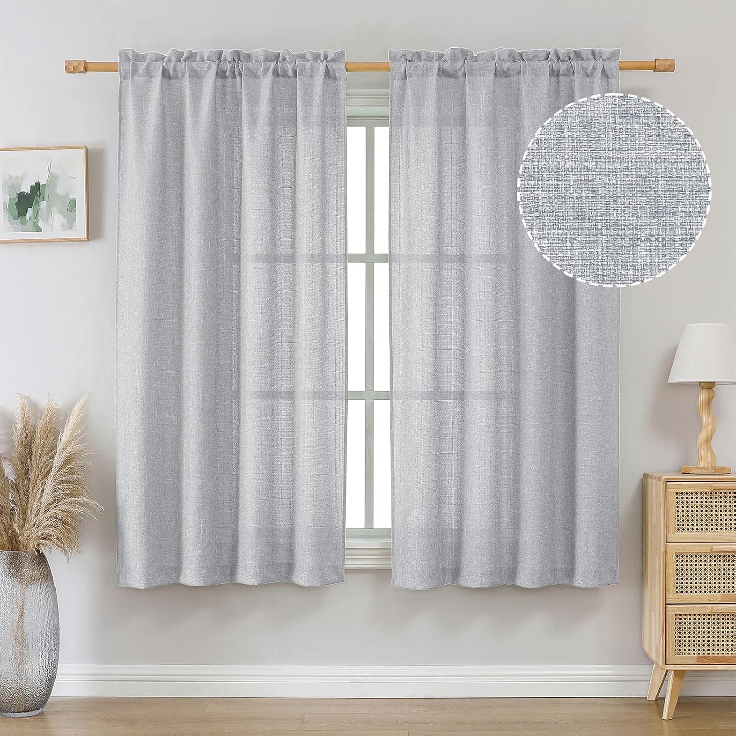 OVZME Light Grey Curtains 63 Inch Length 2 Panels, Faux Linen Textured Semi Light Filtering Drapes, Soft Airy Farmhouse Slub Window Curtains for Living Room Bedroom, Each 40x63 Inches