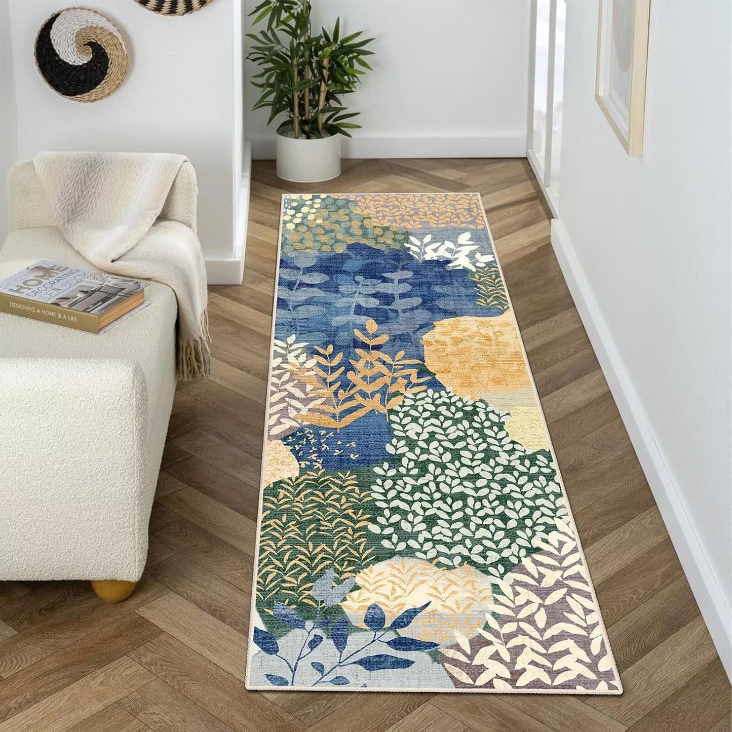DEXDE Runner Rug 2x6 Washable Hallway Boho Soft Area Rugs Abstract Long Non Slip Botanical Leaves Floral Print Carpet for Entryway, Kitchen, Laundry, Bathroom, Bedroom,Blue